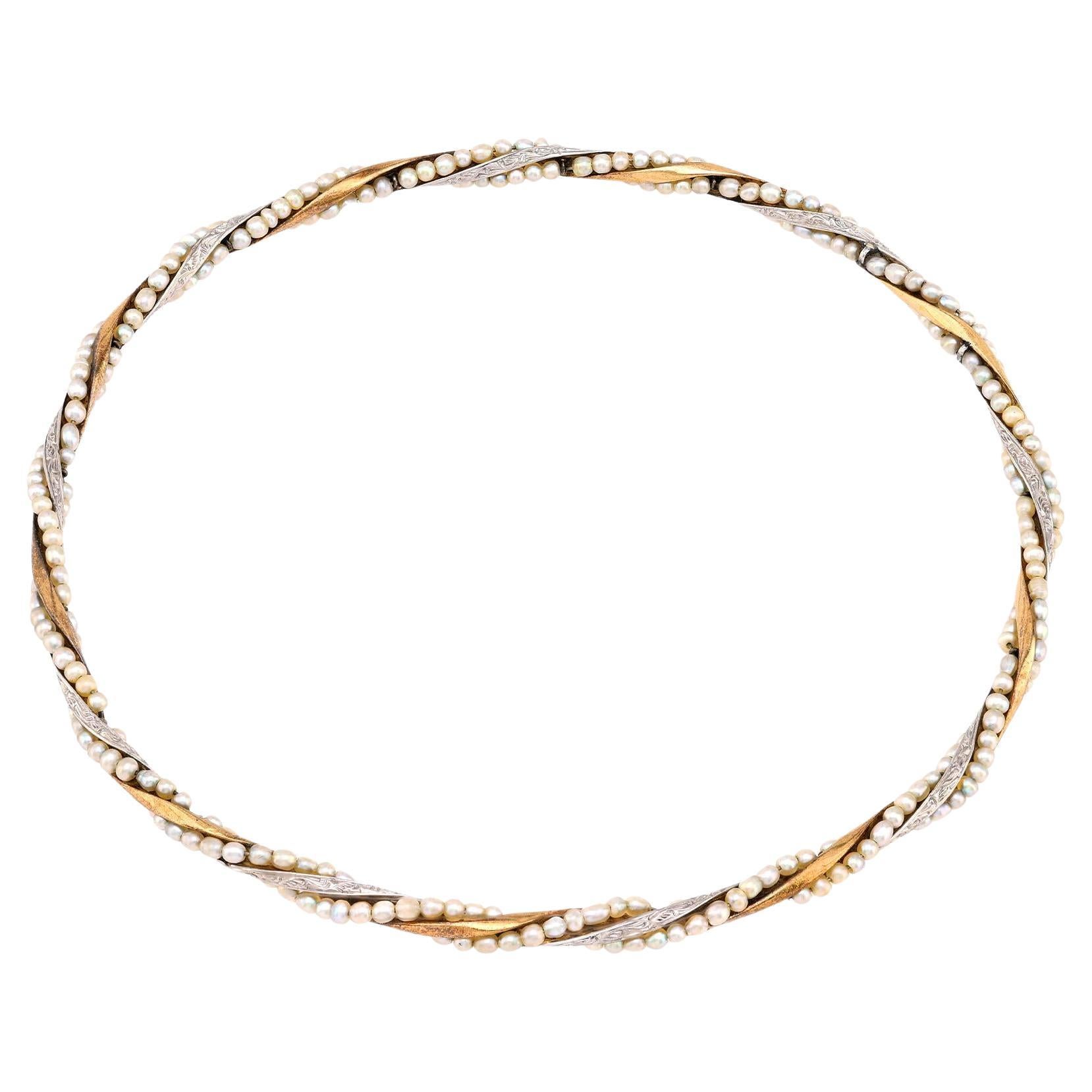 Antique seed pearl 18k yellow gold twisted bangle