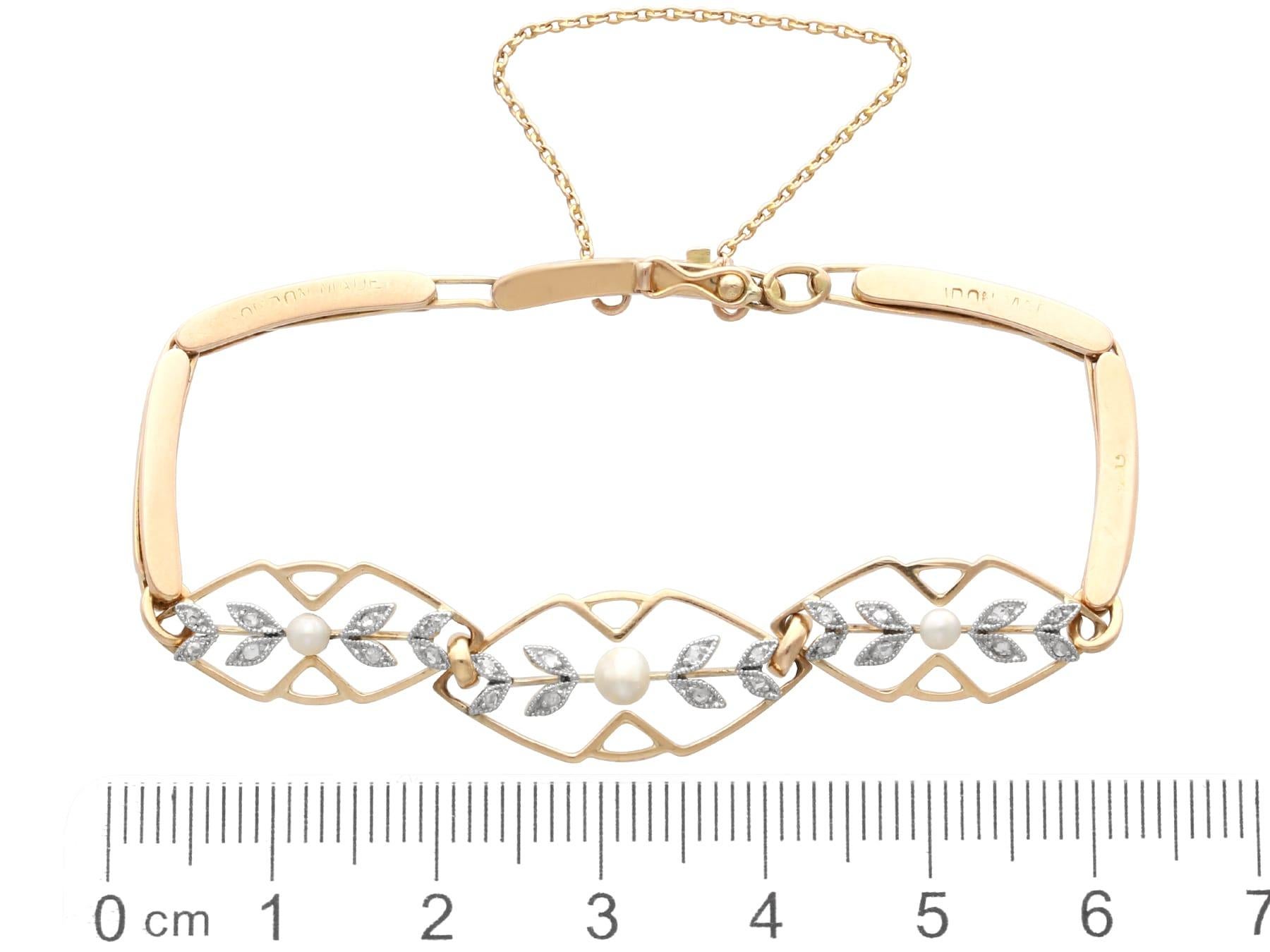 Antique Seed Pearl and 0.12 Carat Diamond, 15k Rose Gold Bracelet Circa 1930 For Sale 6