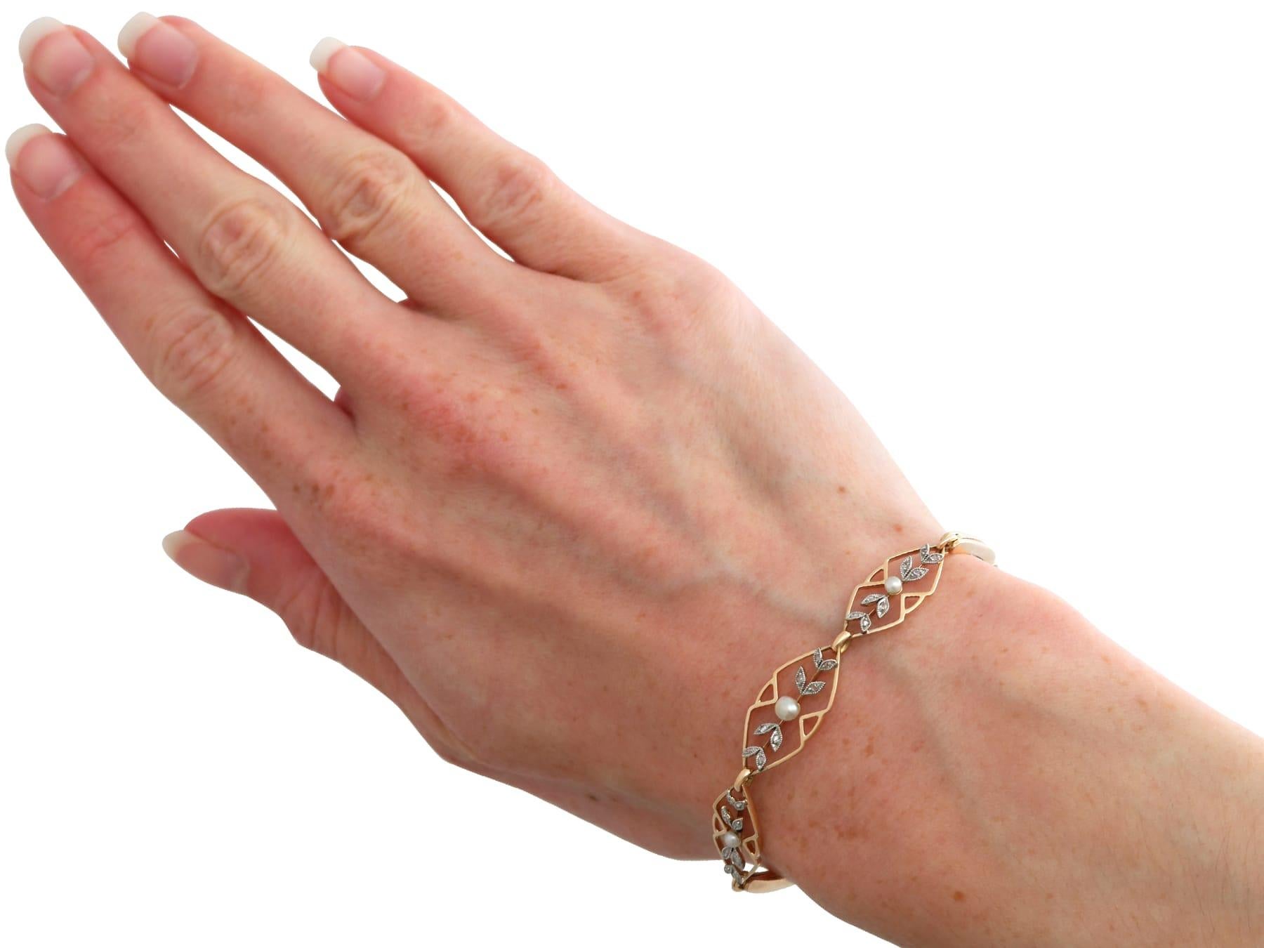 Antique Seed Pearl and 0.12 Carat Diamond, 15k Rose Gold Bracelet Circa 1930 For Sale 8