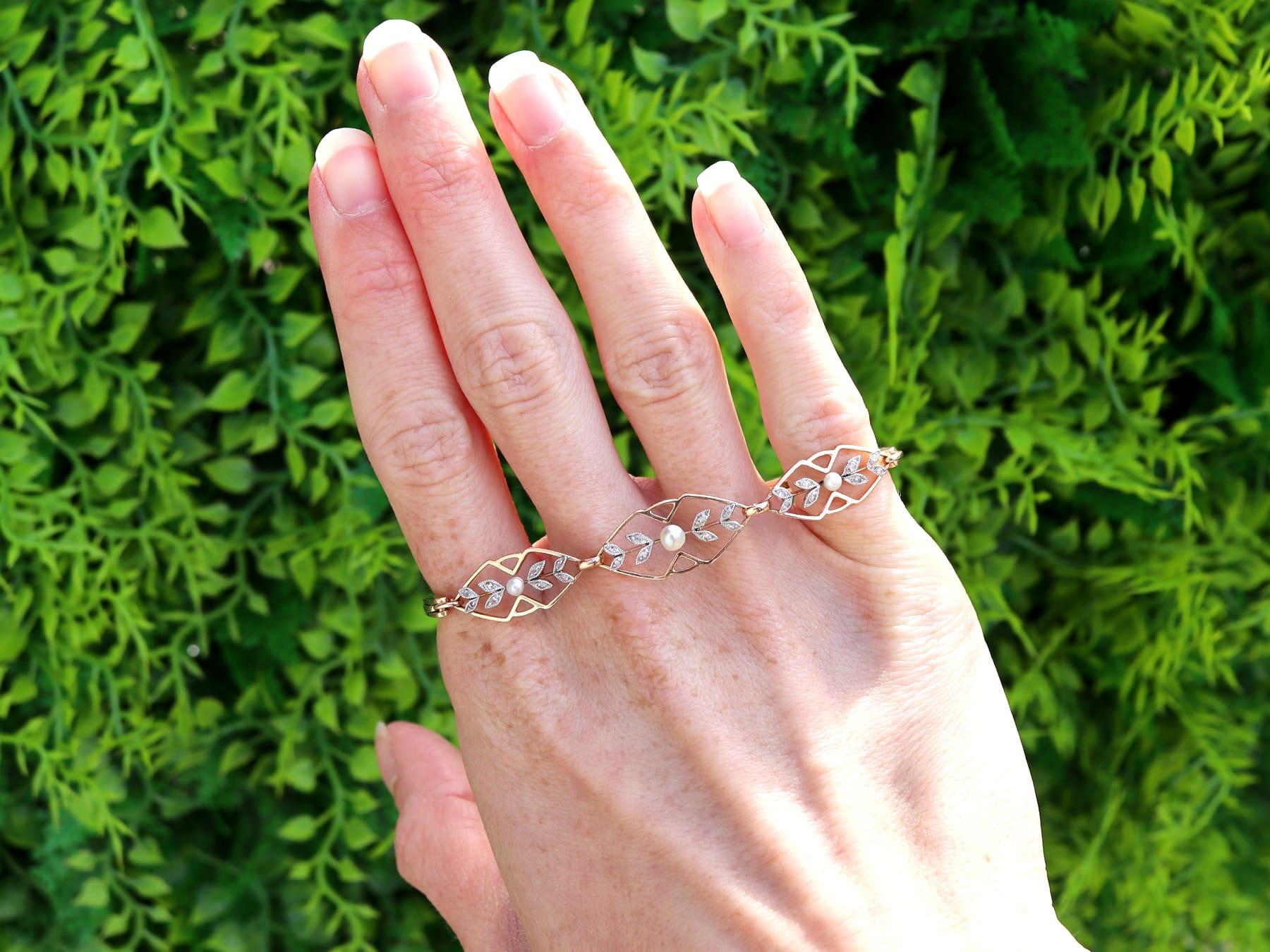 A fine and impressive antique seed pearl and 0.12 carat diamond, 15 karat rose gold and platinum set bracelet; part of our diverse collection of antique bracelets.

This fine and impressive antique bracelet has been crafted in 15k rose gold with