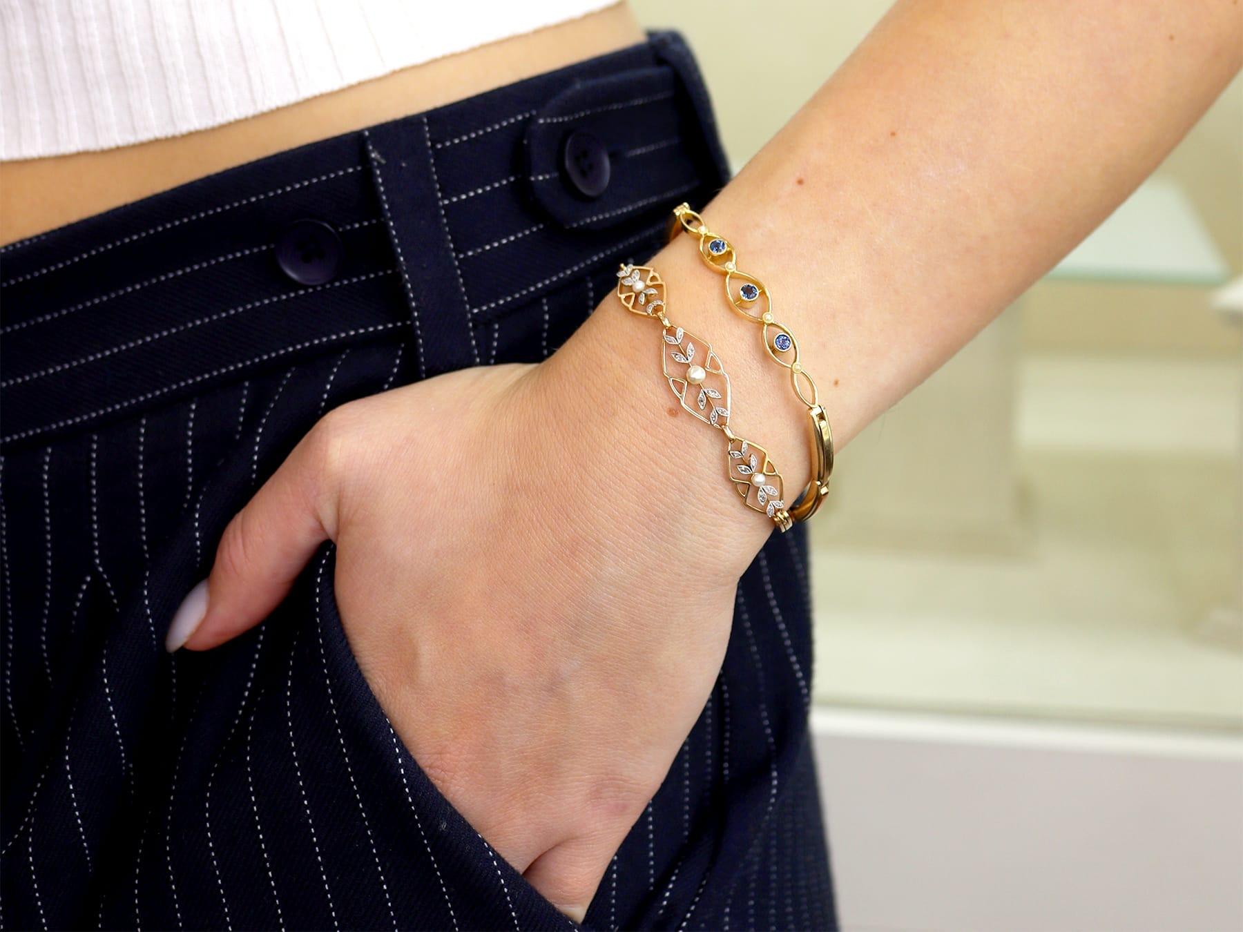 Round Cut Antique Seed Pearl and 0.12 Carat Diamond, 15k Rose Gold Bracelet Circa 1930 For Sale