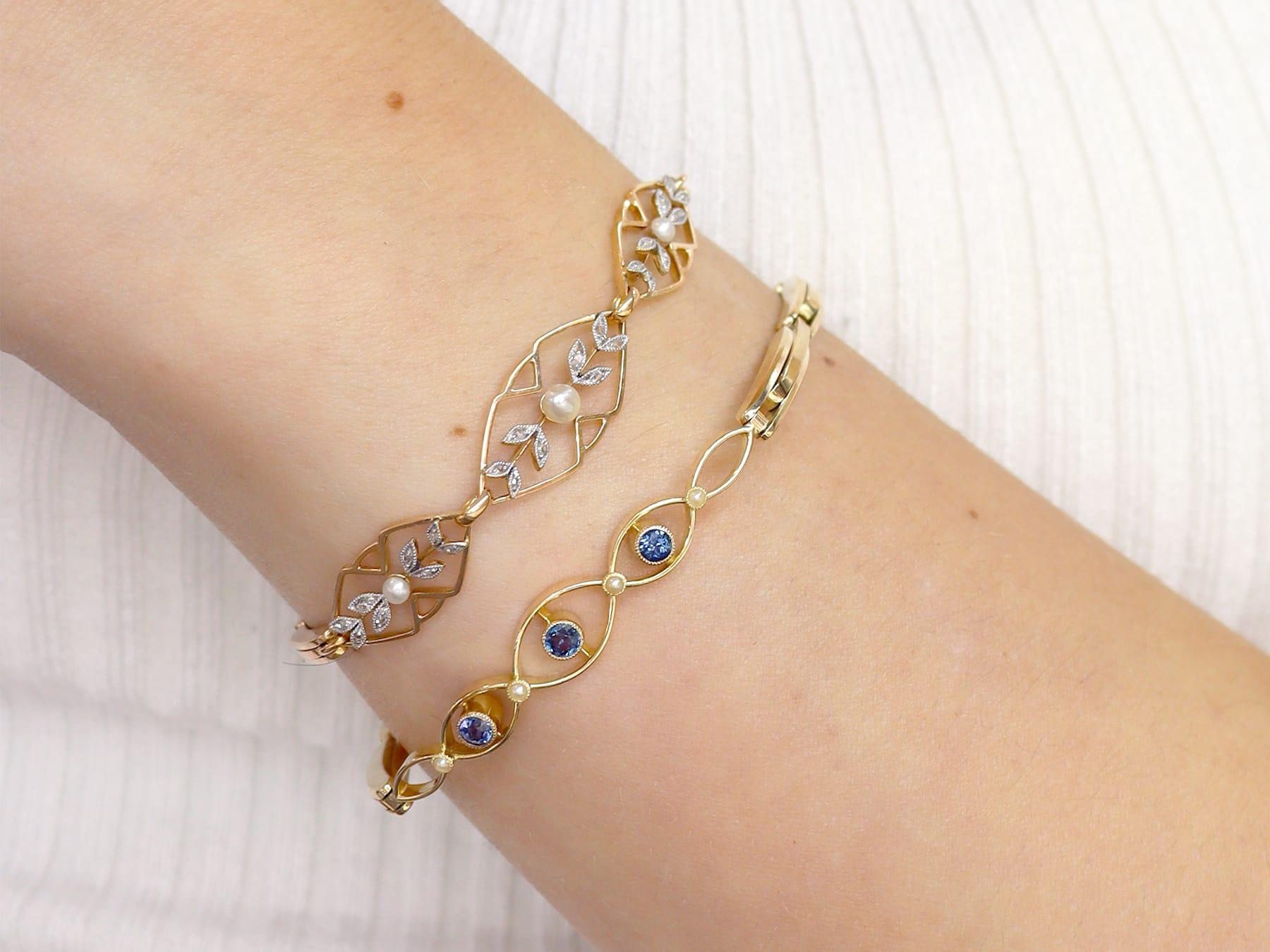 Antique Seed Pearl and 0.12 Carat Diamond, 15k Rose Gold Bracelet Circa 1930 In Excellent Condition For Sale In Jesmond, Newcastle Upon Tyne