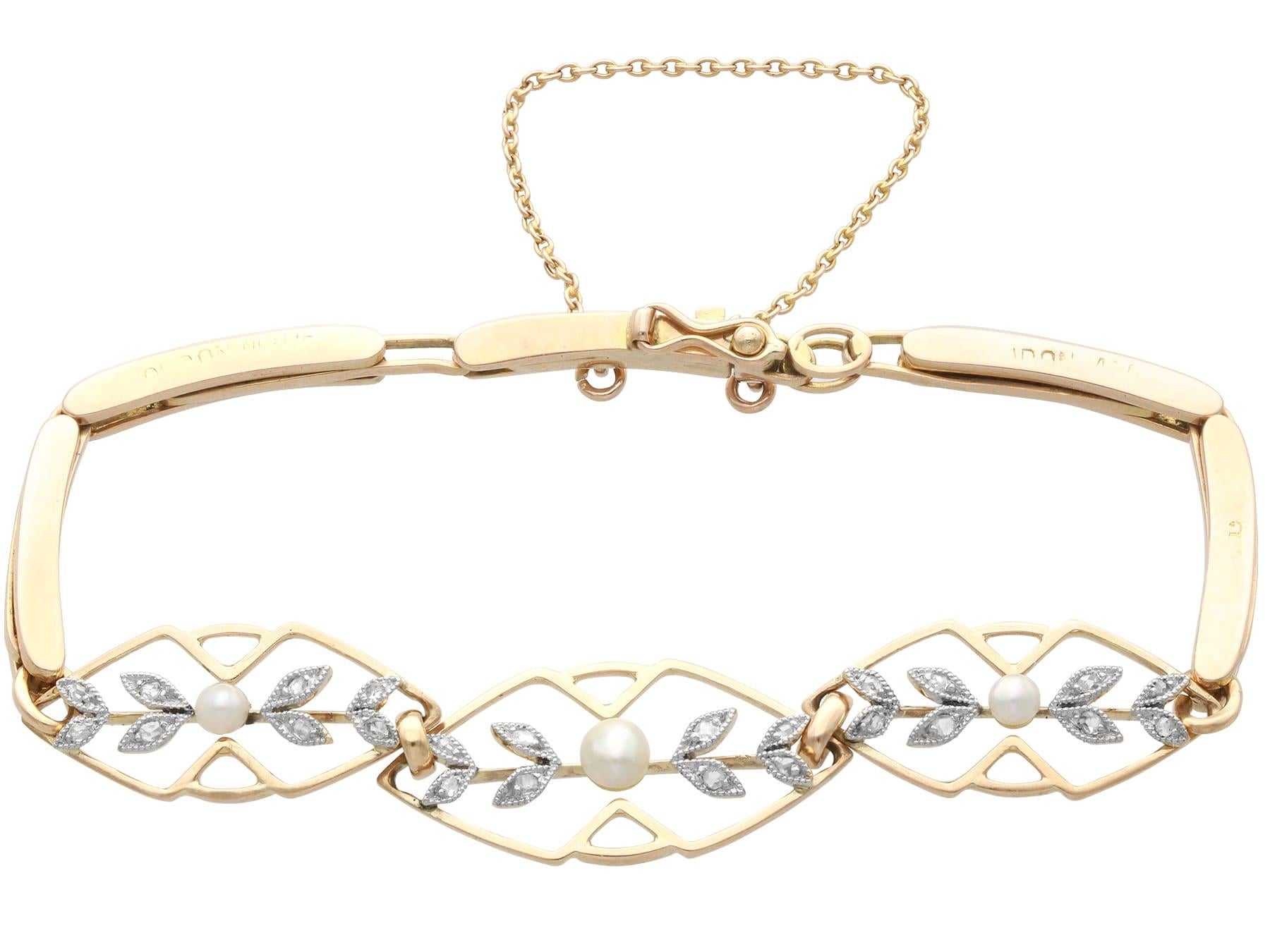 Women's or Men's Antique Seed Pearl and 0.12 Carat Diamond, 15k Rose Gold Bracelet Circa 1930 For Sale