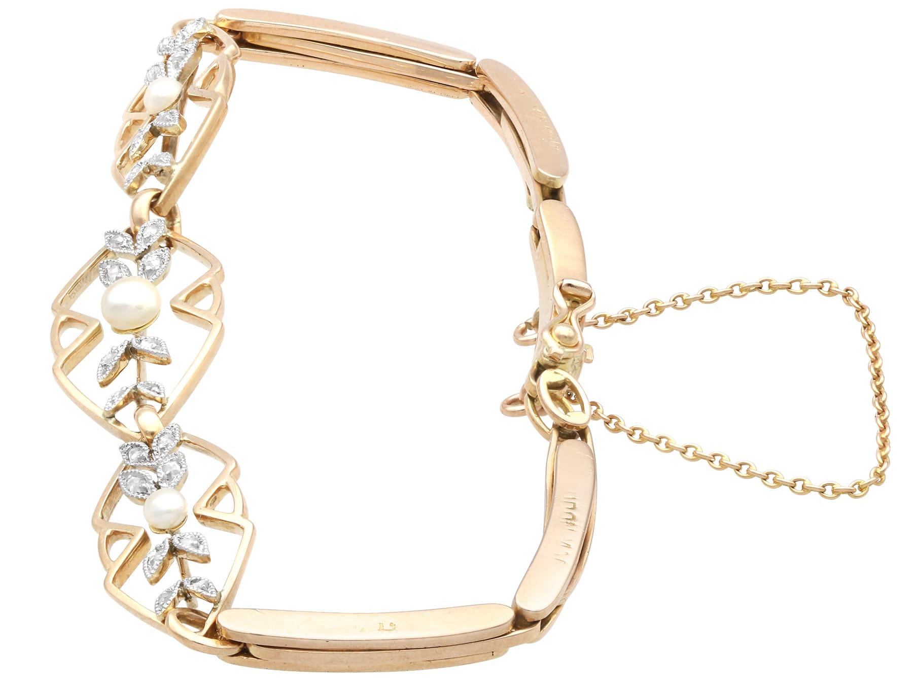 Antique Seed Pearl and 0.12 Carat Diamond, 15k Rose Gold Bracelet Circa 1930 For Sale 1