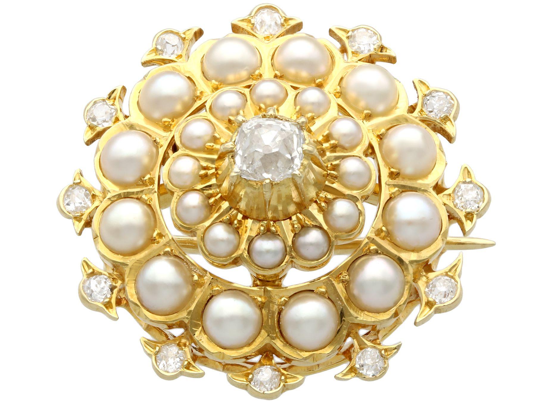 Round Cut Victorian Seed Pearl and 1.16 Carat Diamond Yellow Gold Pendant Brooch For Sale