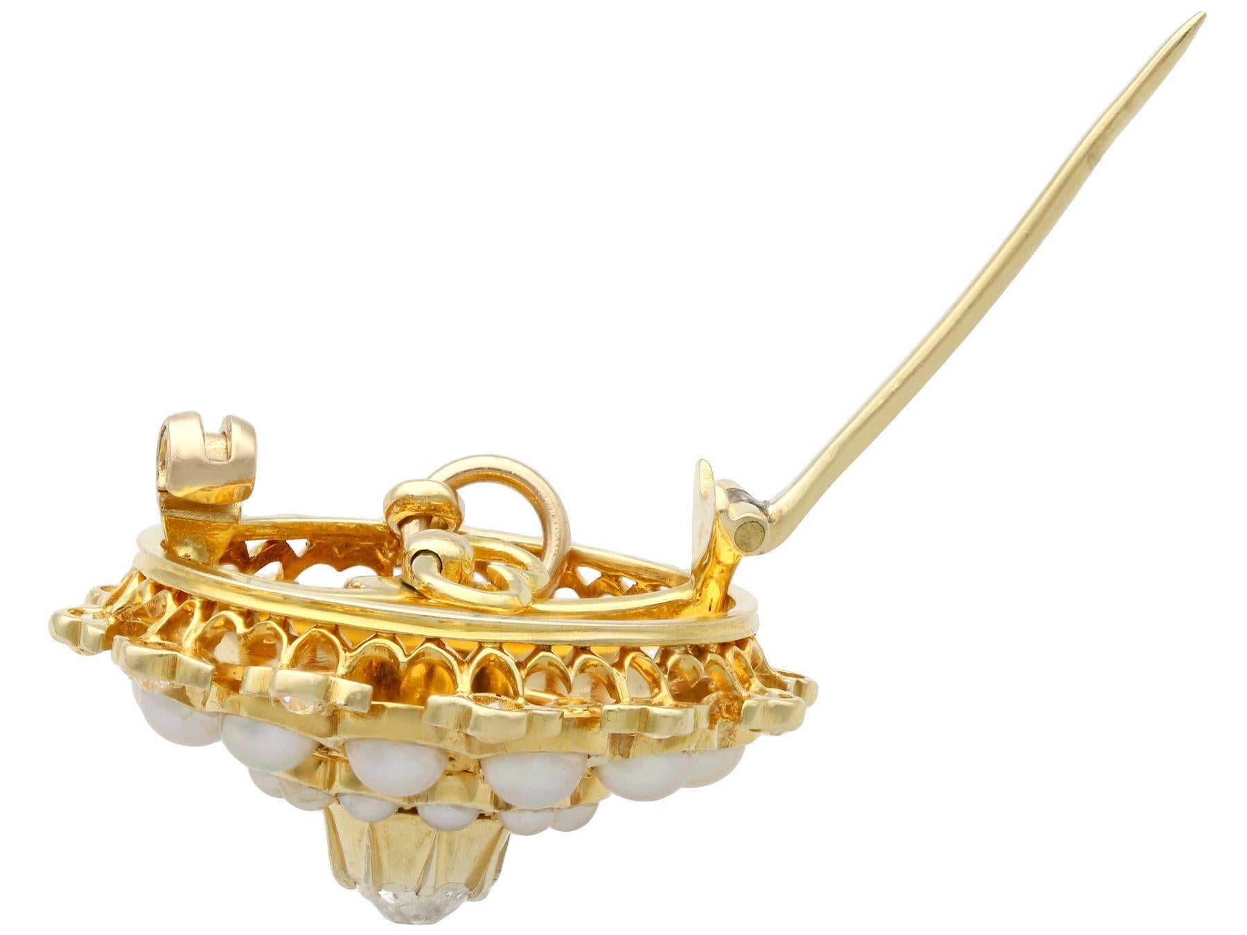 Women's or Men's Victorian Seed Pearl and 1.16 Carat Diamond Yellow Gold Pendant Brooch For Sale