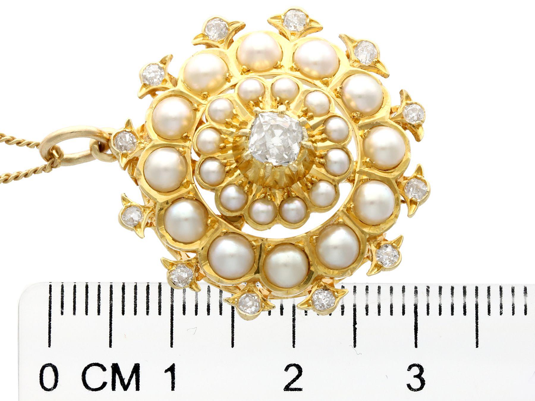Victorian Seed Pearl and 1.16 Carat Diamond Yellow Gold Pendant Brooch For Sale 2