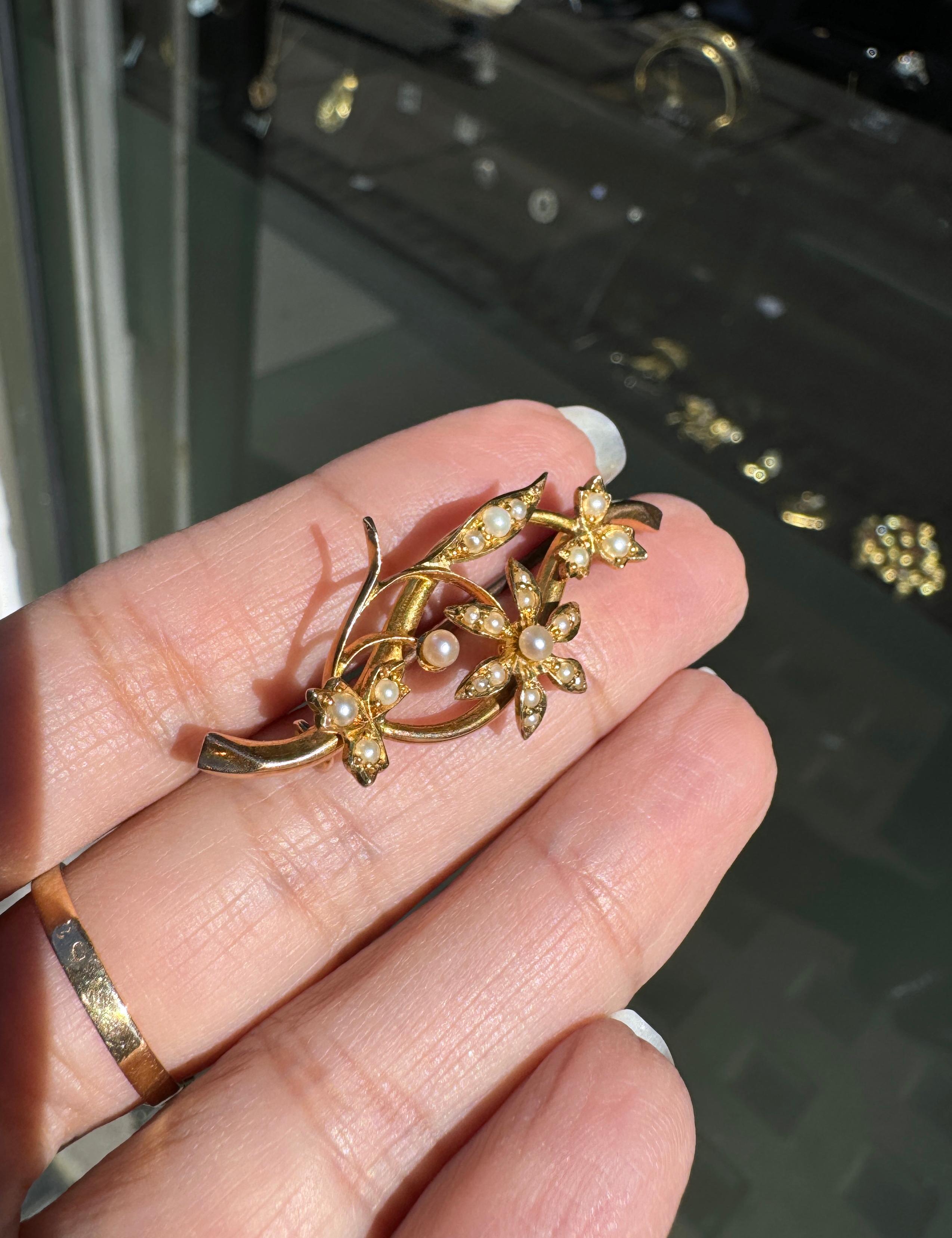 Broche ancienne en forme de vigne en perles naturelles et or jaune 15 carats en vente 1