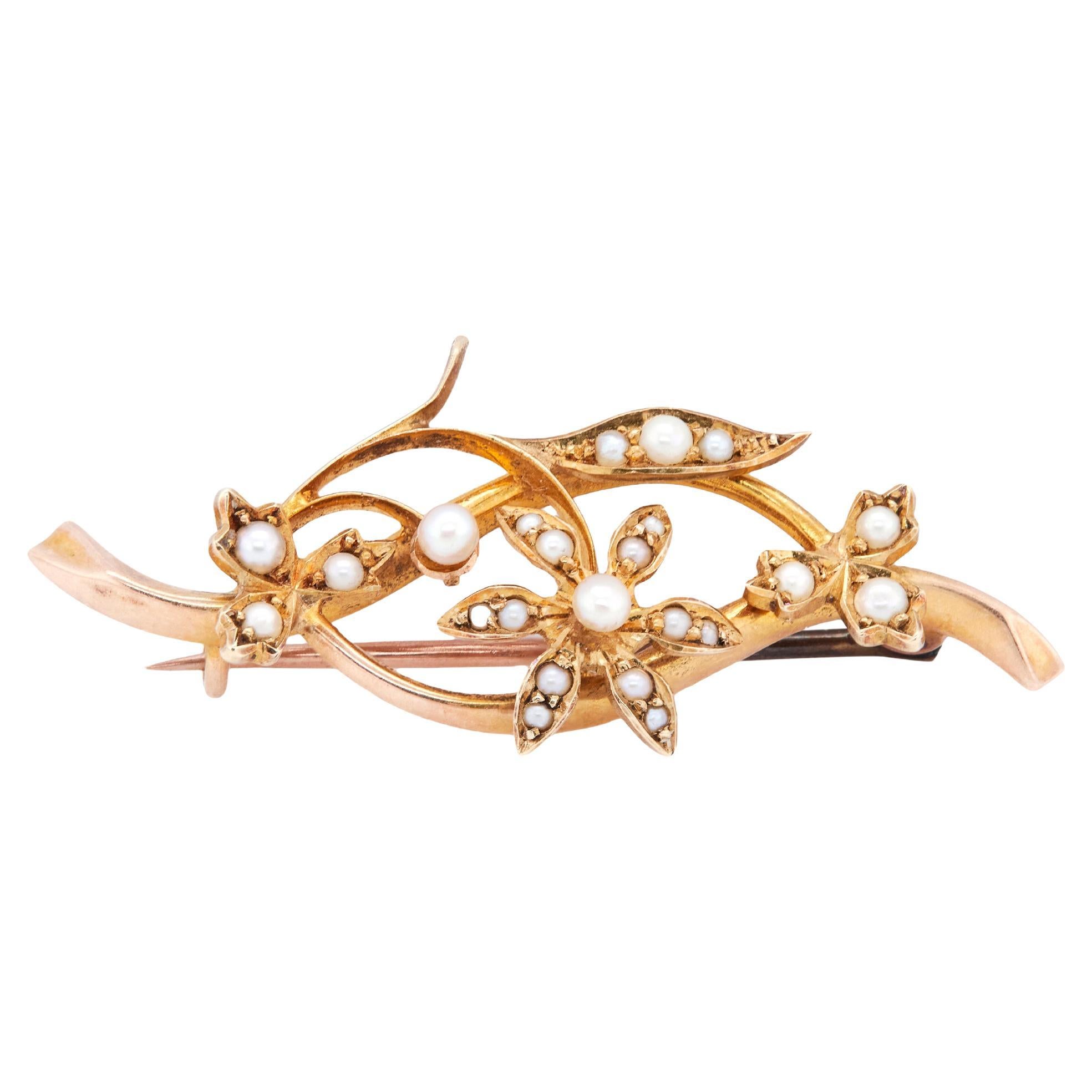 Antique Seed Pearl and 15 Carat Yellow Gold Flower Vine Brooch