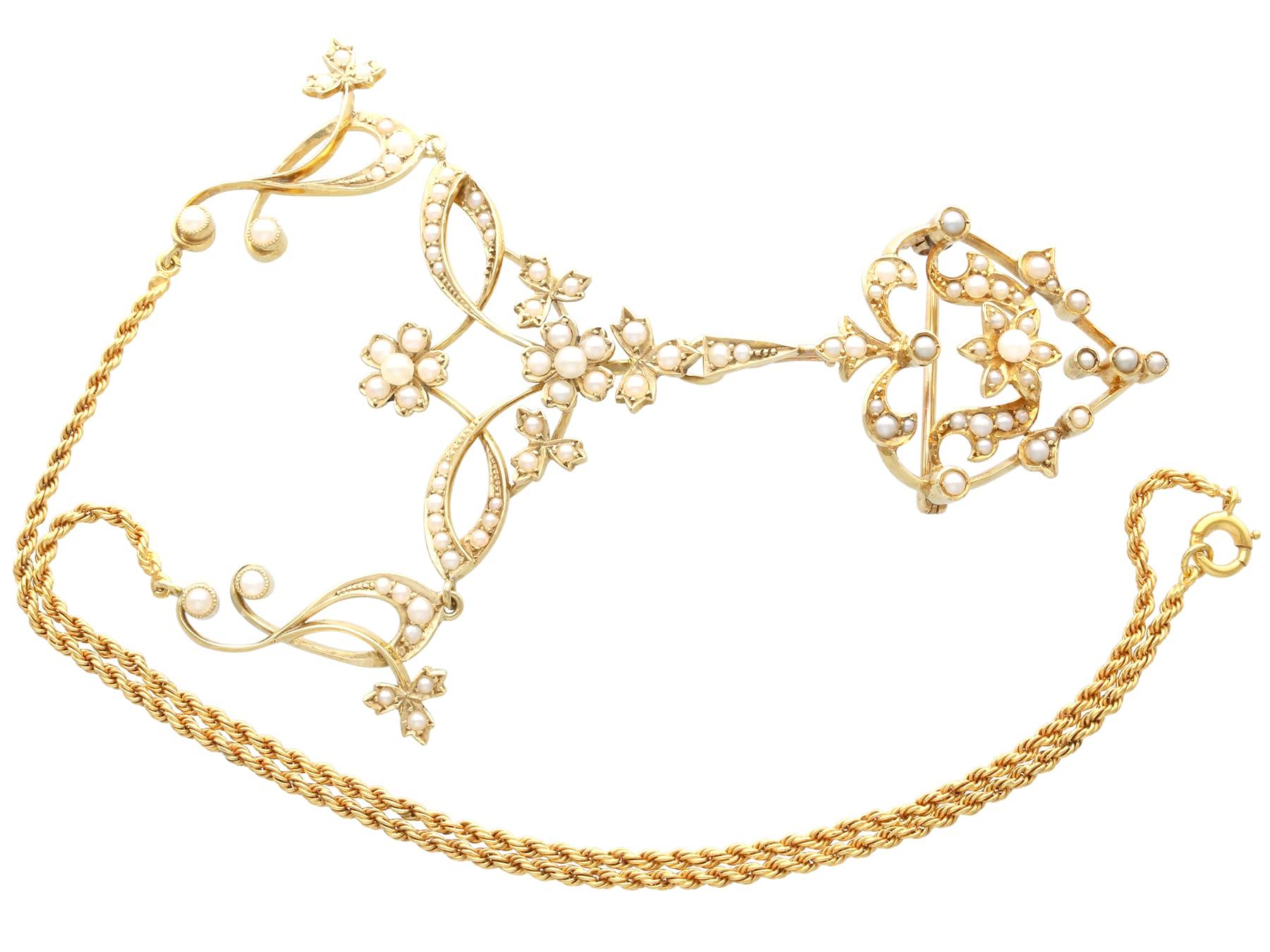 Taille ronde Collier / Broche ancien en perles de rocaille et or jaune 15k Circa 1880 en vente