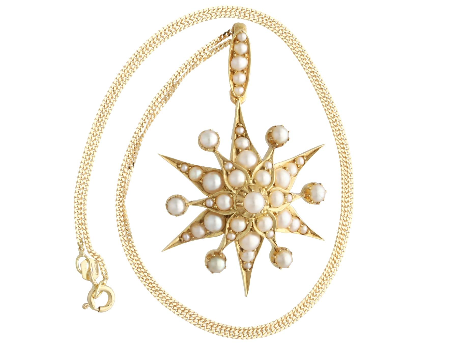 A stunning, fine and impressive antique seed pearl and 15 karat yellow gold pendant / brooch - boxed; part of our versatile antique jewellery collections.

This stunning, fine and impressive antique pearl pendant/brooch has been crafted in 15k