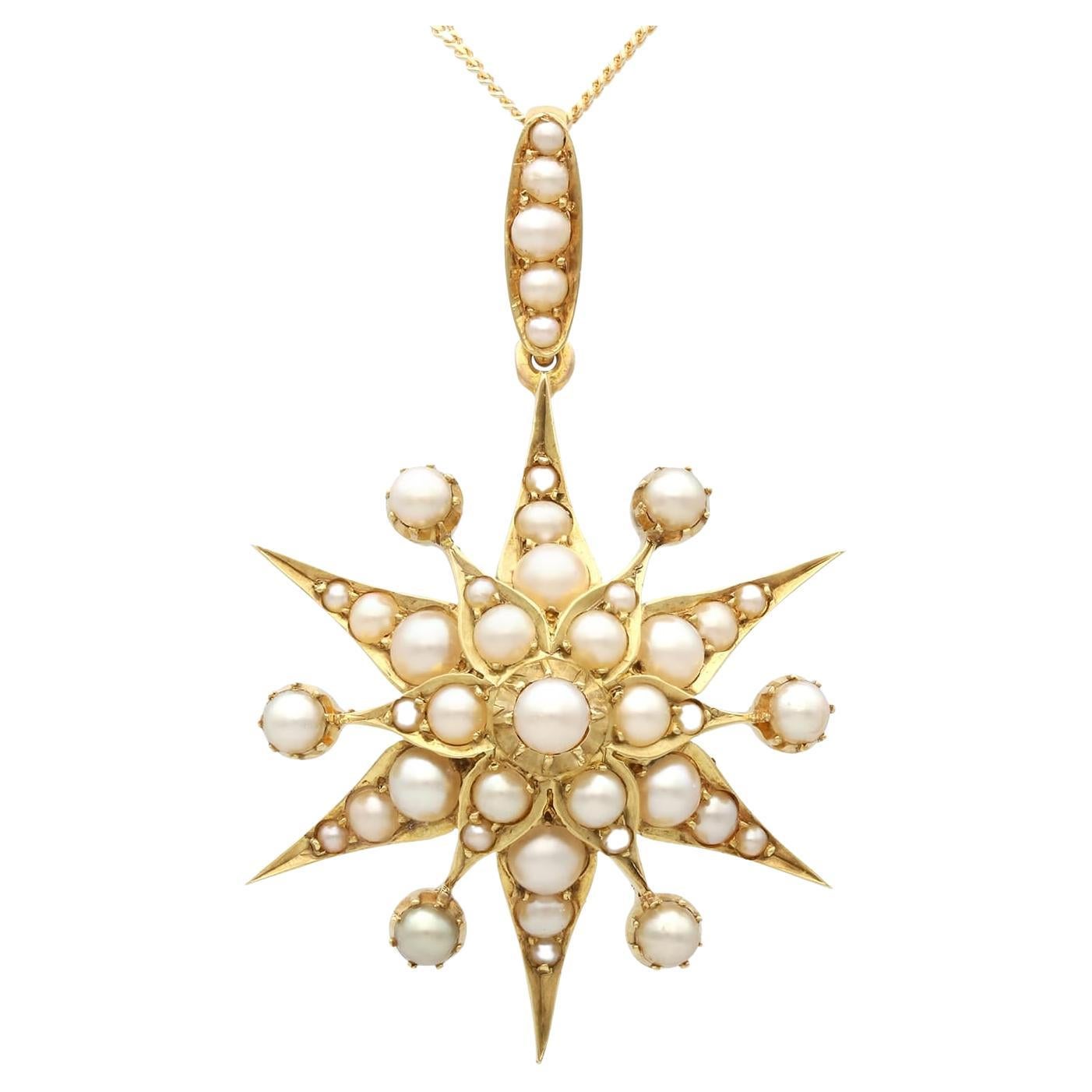 Antique Seed Pearl and 15k Yellow Gold Pendant / Brooch Circa 1920 For Sale