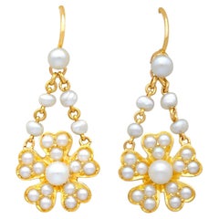 Antique Seed Pearl and 18k Yellow Gold Drop Earrings Circa 1890