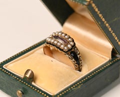Antique Seed Pearl and Topaz Ring. 18K Yellow Gold in Ring Enamel Ring Engraved