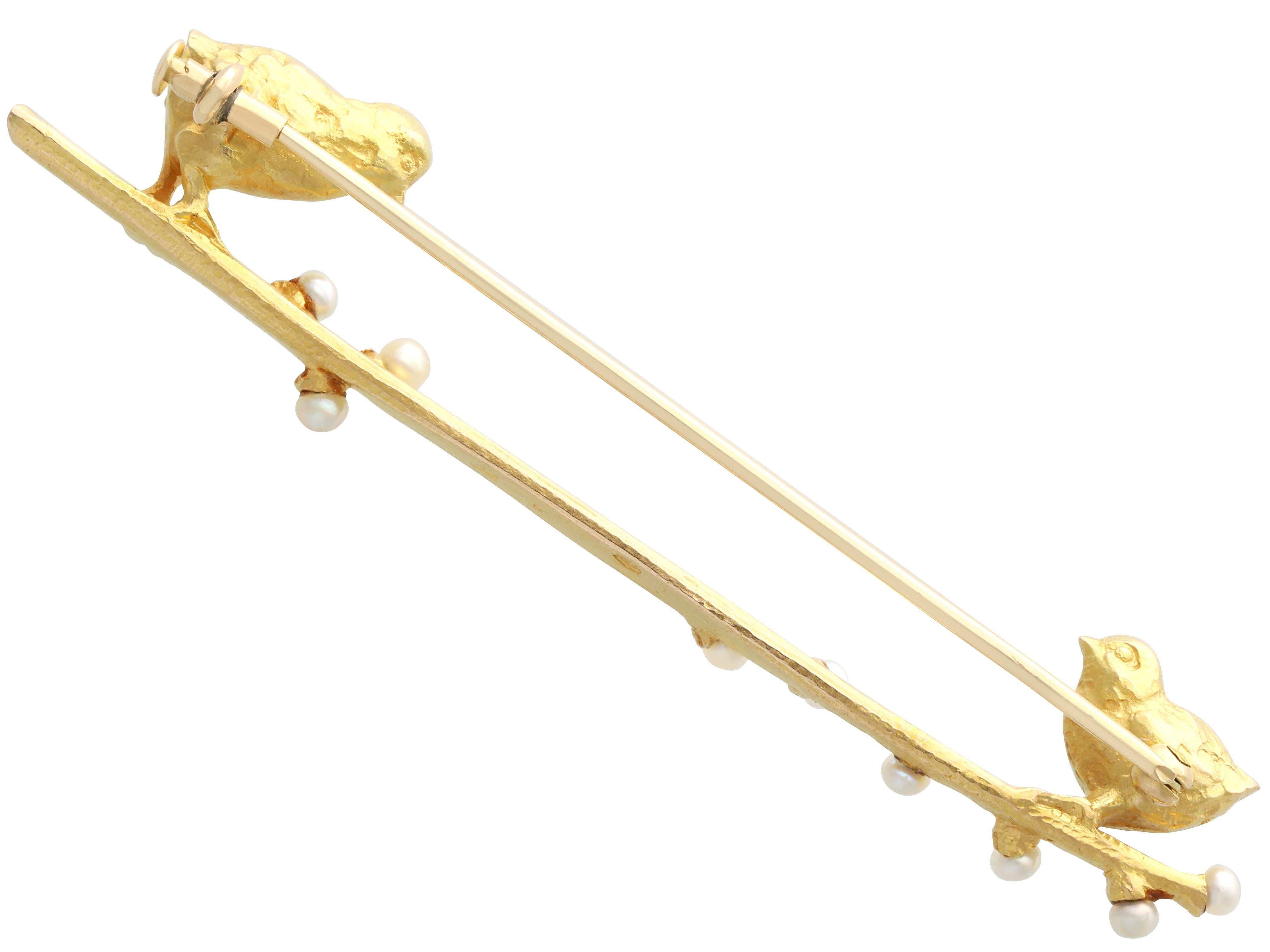 Round Cut Antique Seed Pearl and Yellow Gold Bird Bar Brooch For Sale