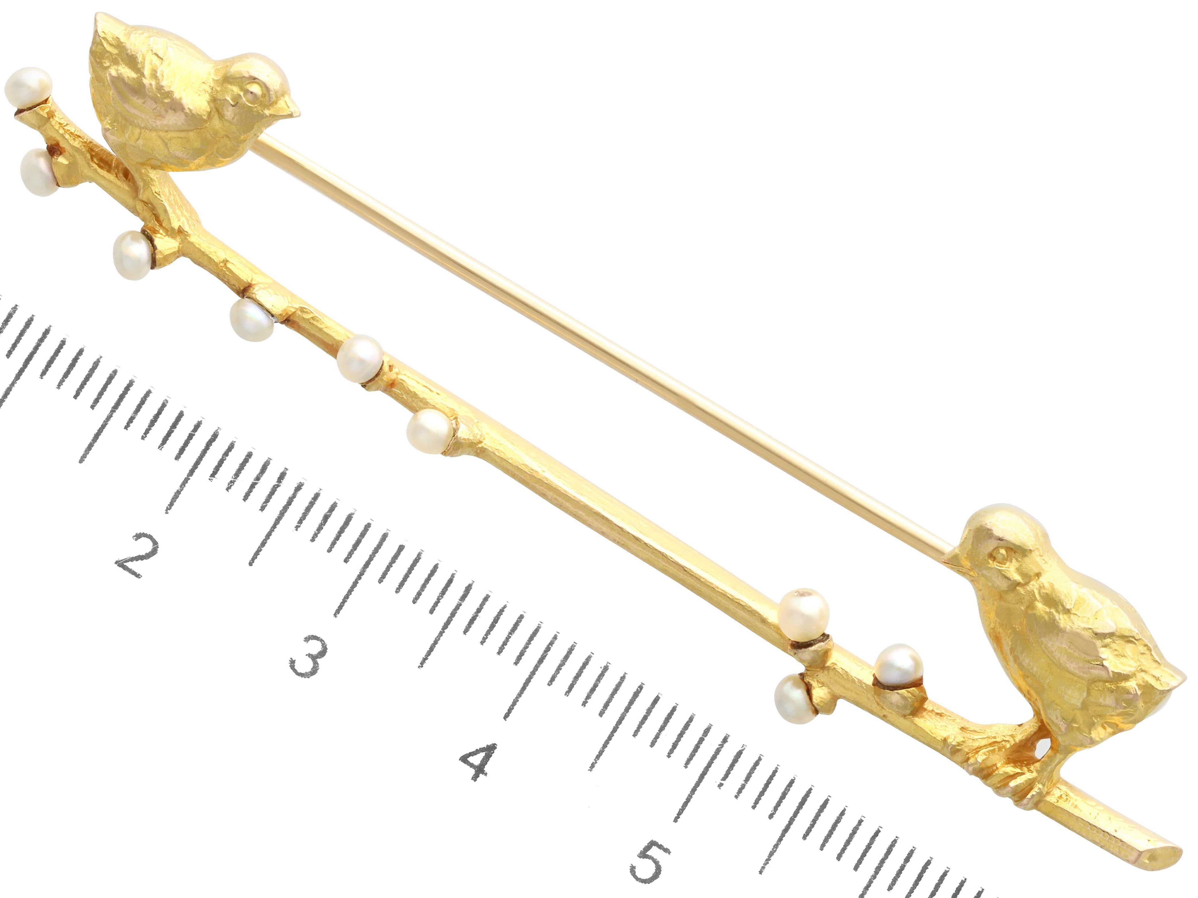 Women's or Men's Antique Seed Pearl and Yellow Gold Bird Bar Brooch For Sale