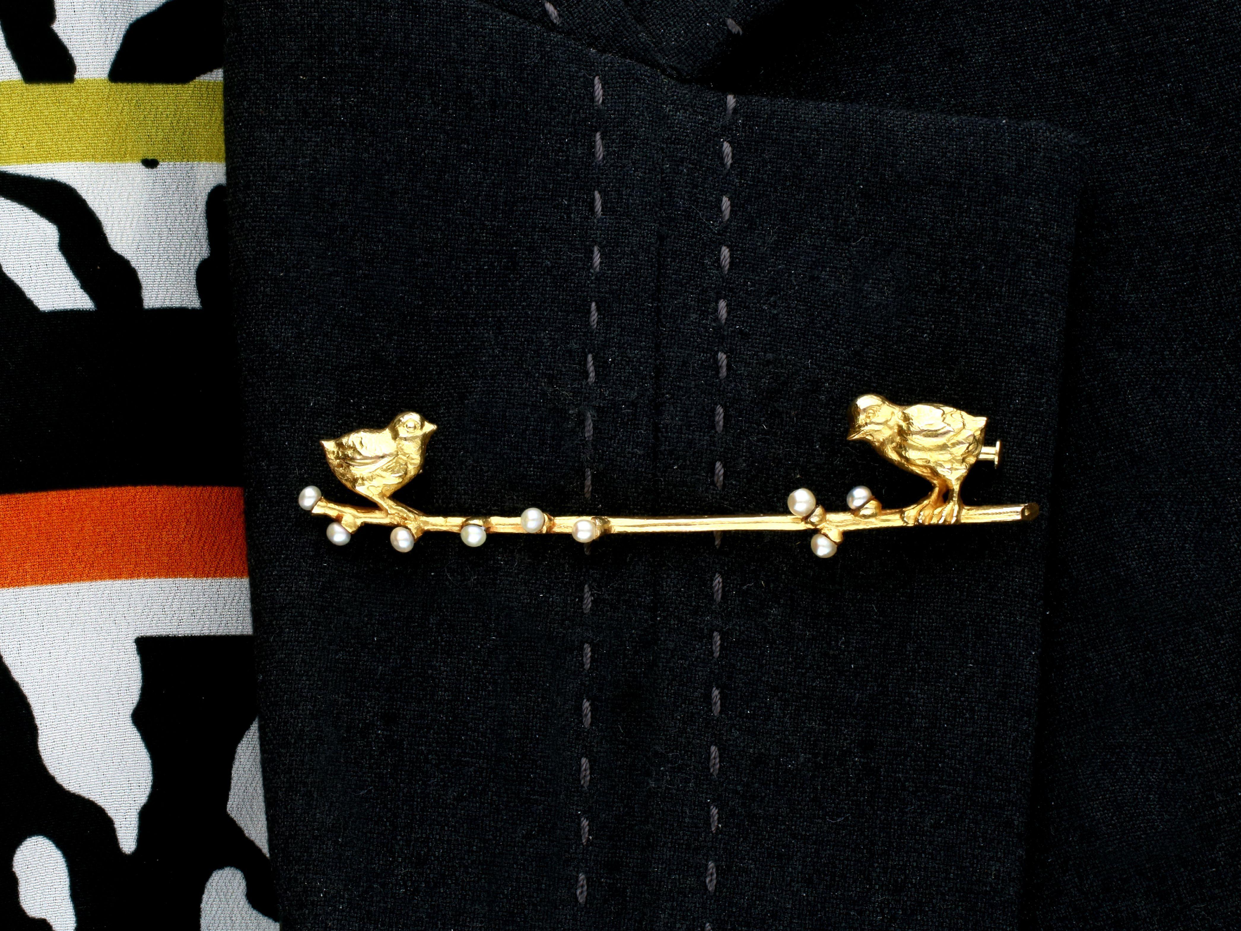 Antique Seed Pearl and Yellow Gold Bird Bar Brooch For Sale 2