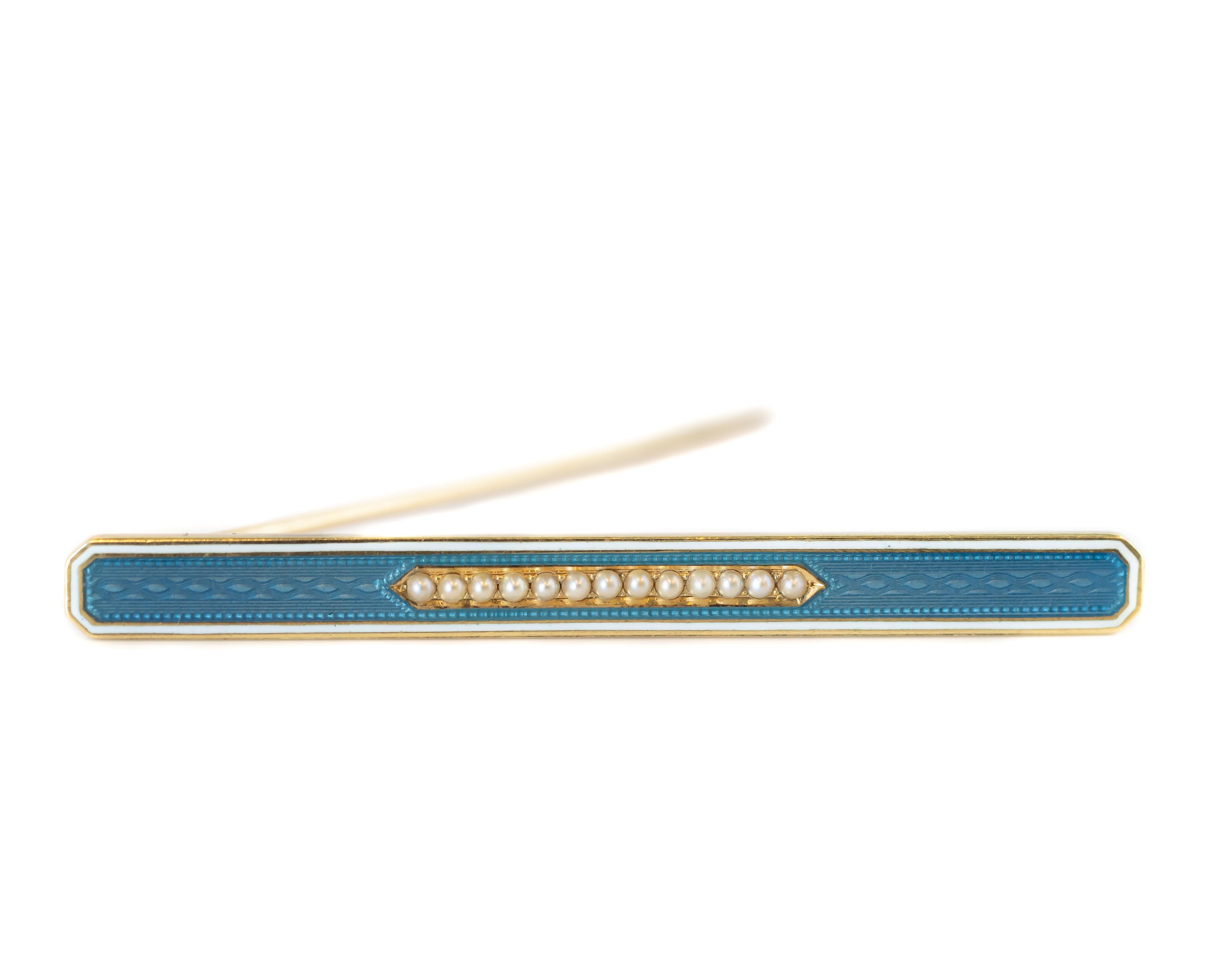 Antique Victorian Bar Pin from the 1880s crafted in beautiful 14 karat yellow gold, glass inlay and seed pearls

Features:
14 karat Yellow Gold, 13 Seed Pearls 
Azure Blue Glass Inlay and White Glass Inlay
Fine Geometric Pattern 
Safety C Clasp