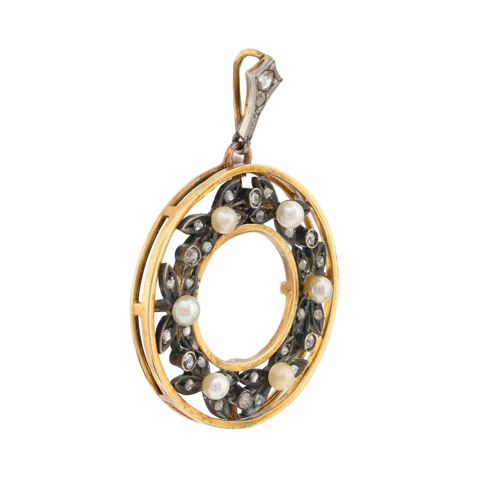 Victorian Antique seed pearl diamond 18k yellow gold silver pendant For Sale