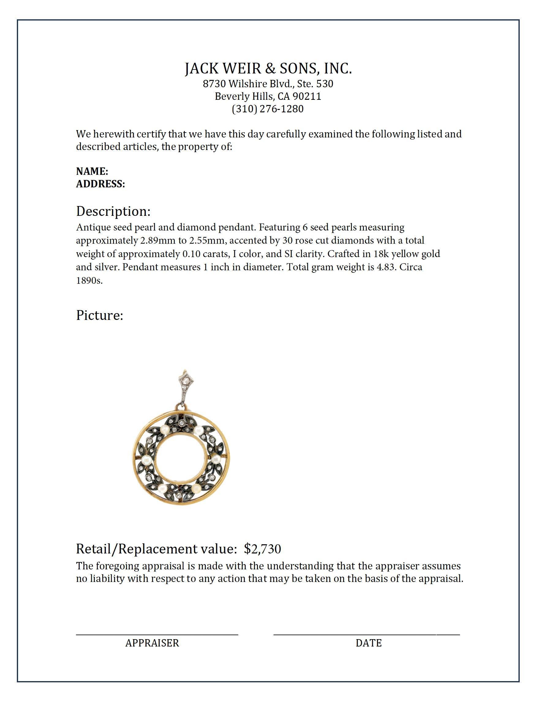 Antique seed pearl diamond 18k yellow gold silver pendant In Excellent Condition For Sale In Beverly Hills, CA