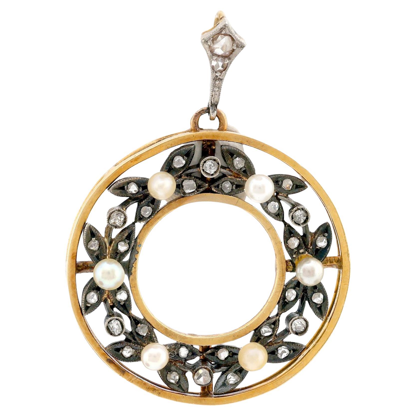 Antique seed pearl diamond 18k yellow gold silver pendant