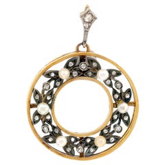 Antique seed pearl diamond 18k yellow gold silver pendant