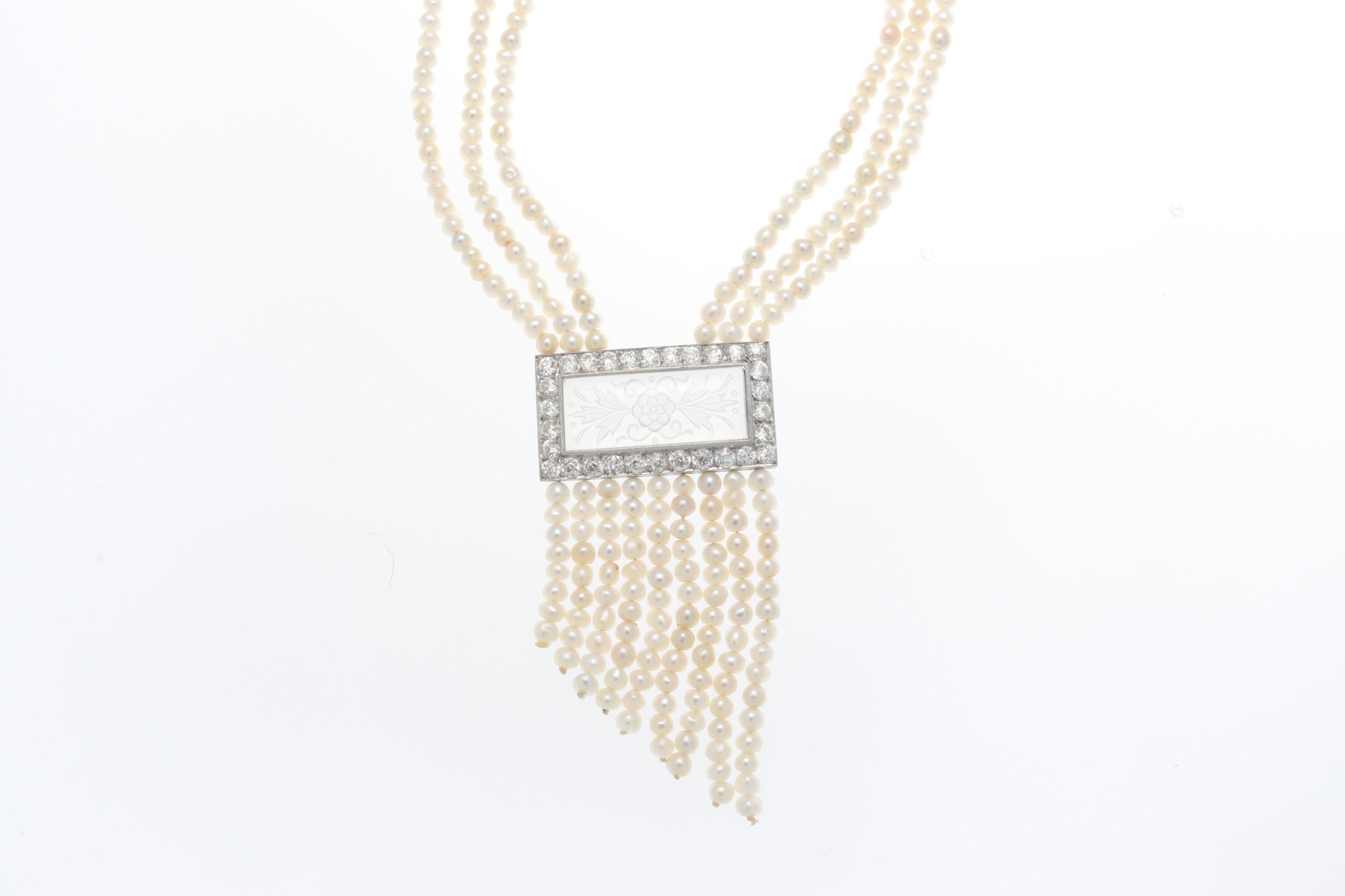 Edwardian Antique Seed Pearl Diamond Platinum Crystal Necklace