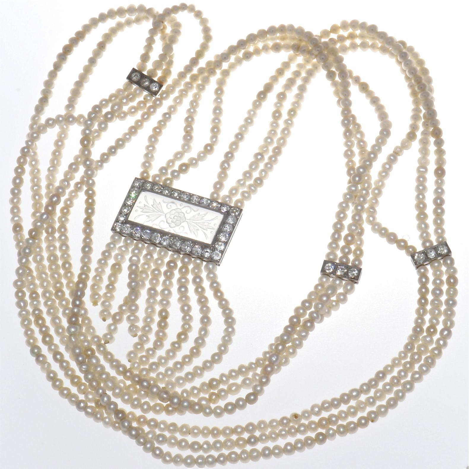 Antique Seed Pearl Diamond Platinum Crystal Necklace In Excellent Condition In Beverly Hills, CA