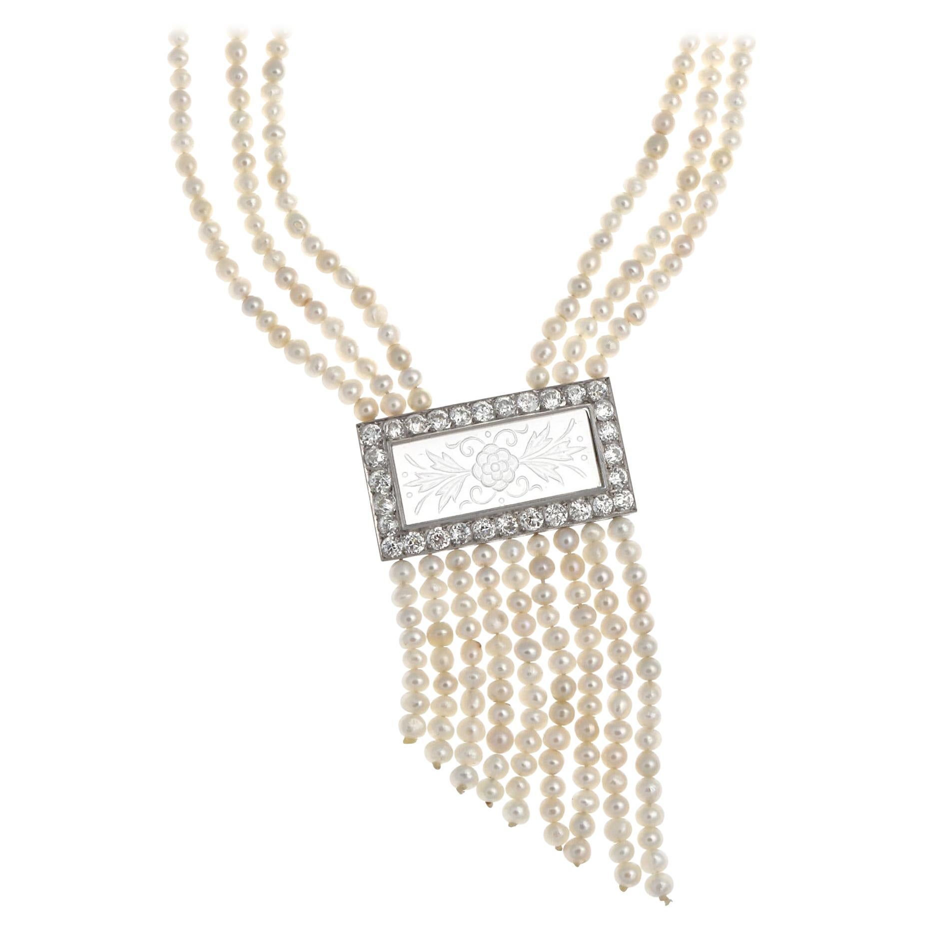 Antique Seed Pearl Diamond Platinum Crystal Necklace