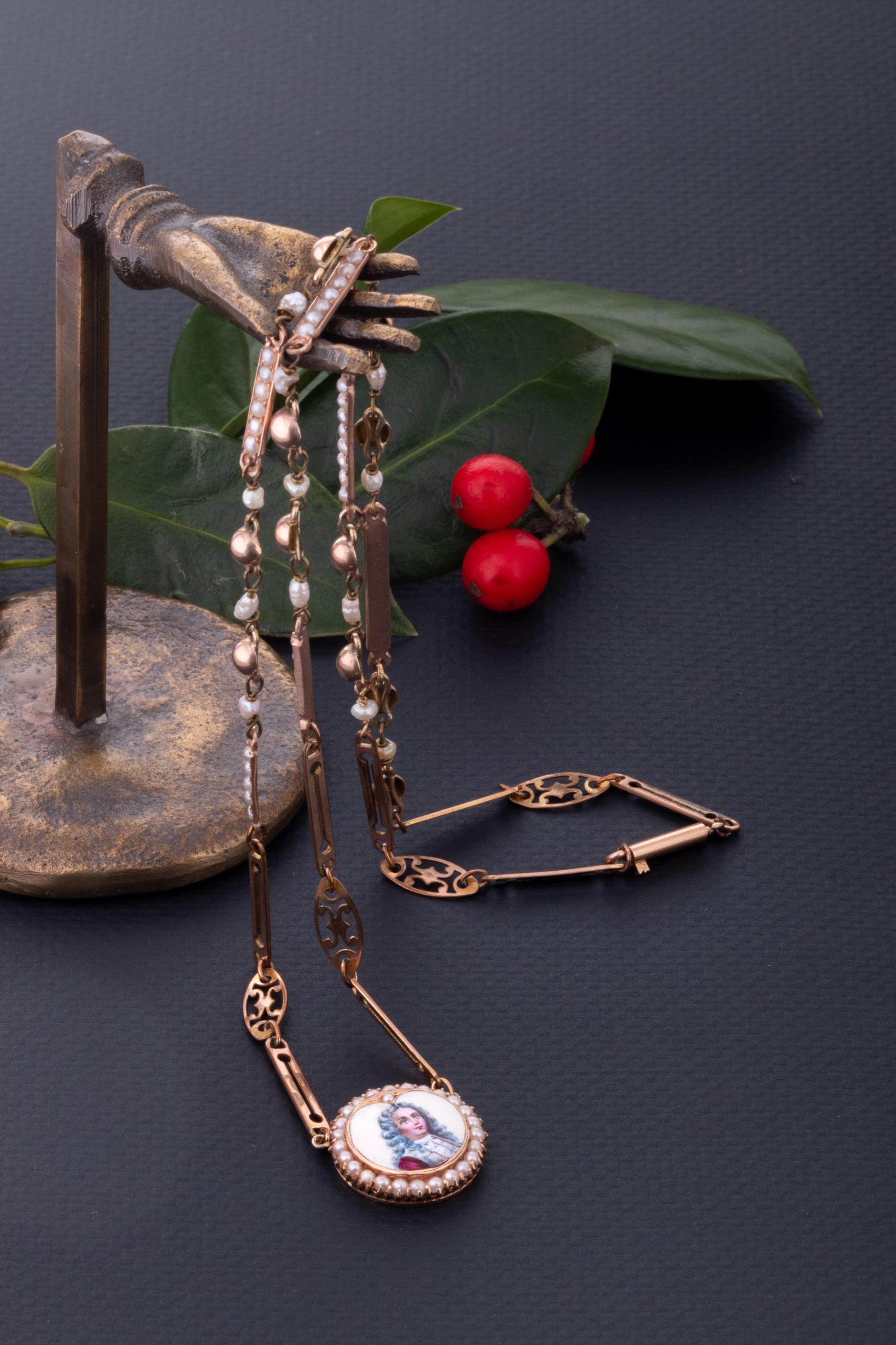 Edwardian Antique Seed Pearl Gold Chain Necklace, Antique Gold Enamel Portrait Necklace
