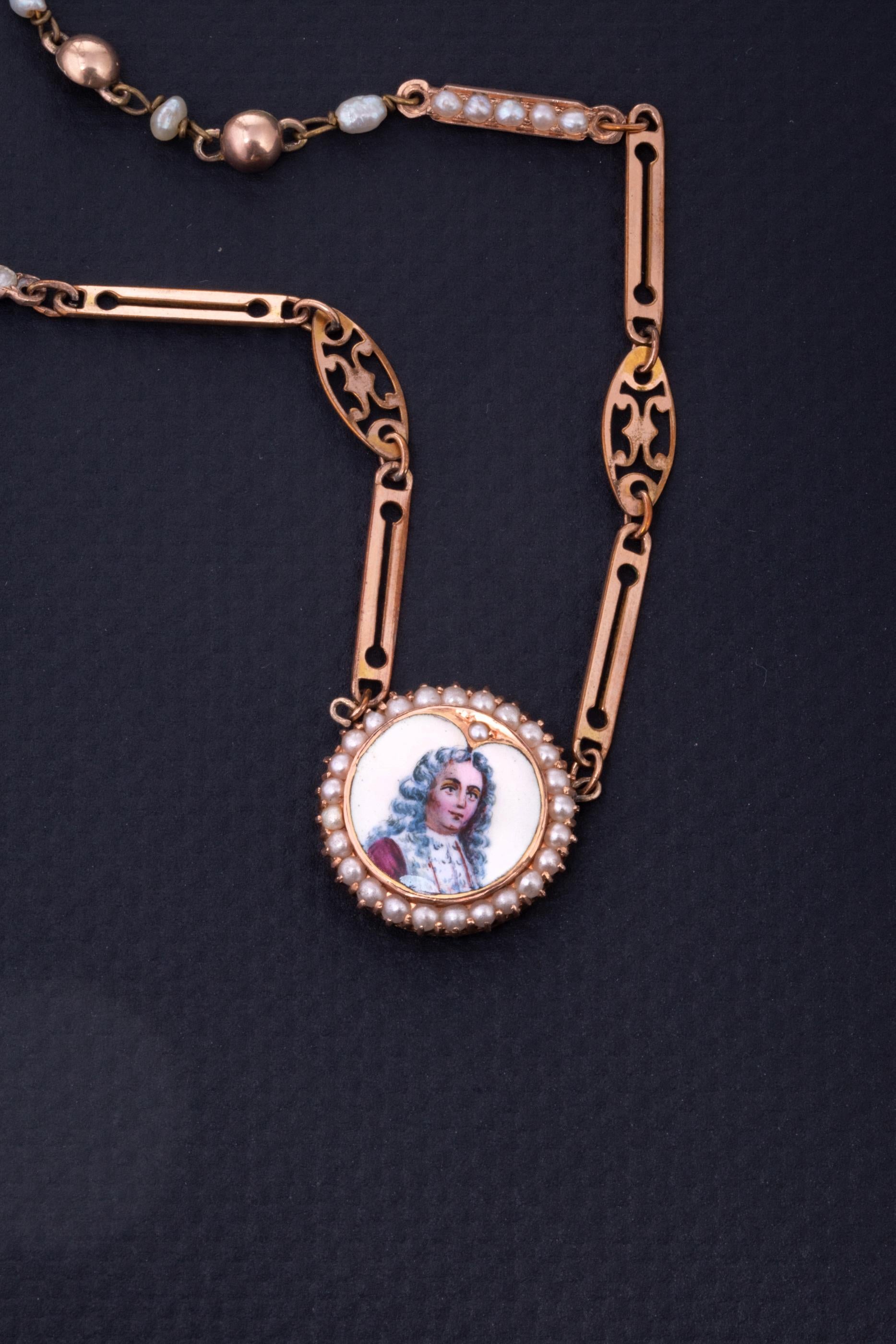 Round Cut Antique Seed Pearl Gold Chain Necklace, Antique Gold Enamel Portrait Necklace