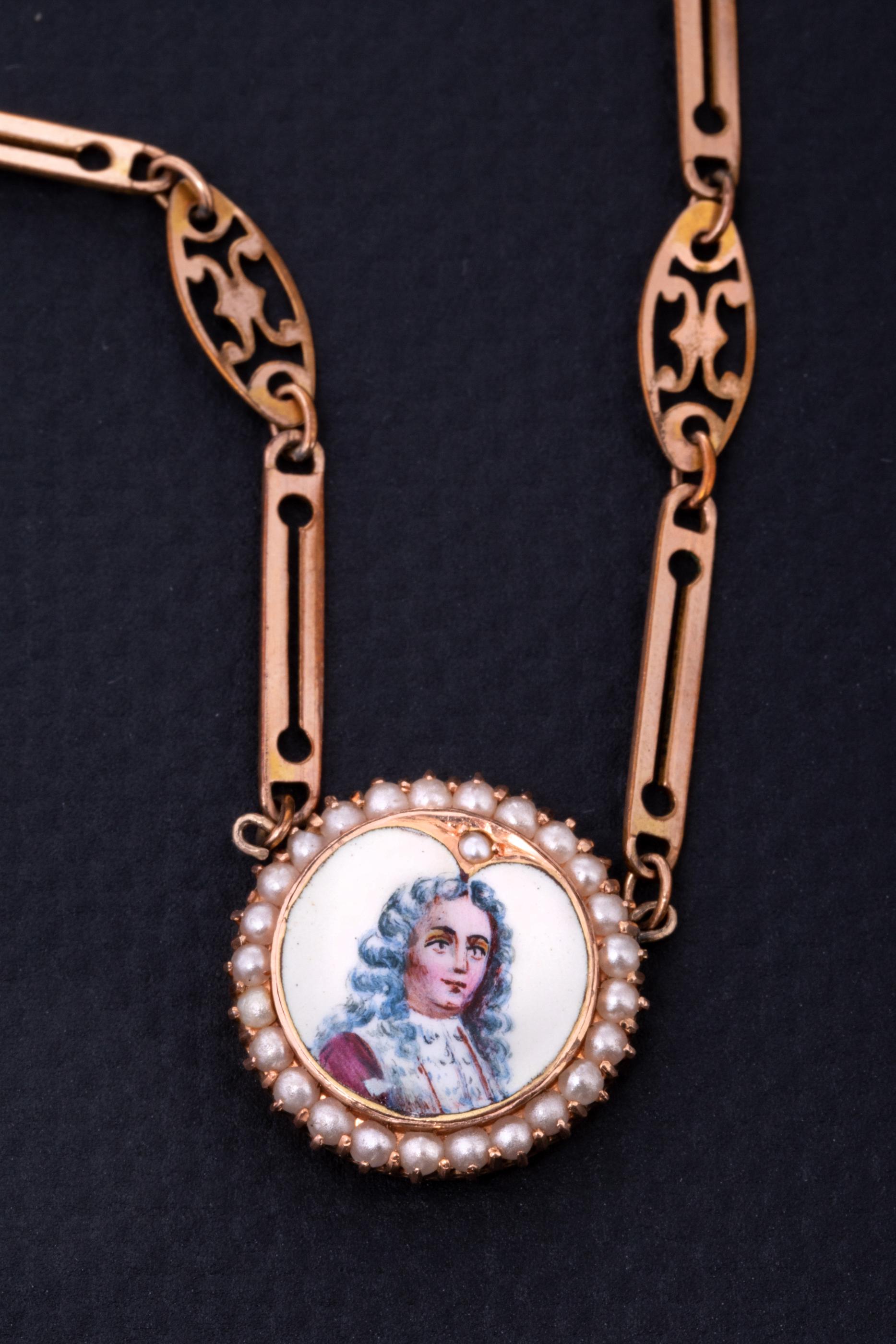 Antique Seed Pearl Gold Chain Necklace, Antique Gold Enamel Portrait Necklace 1