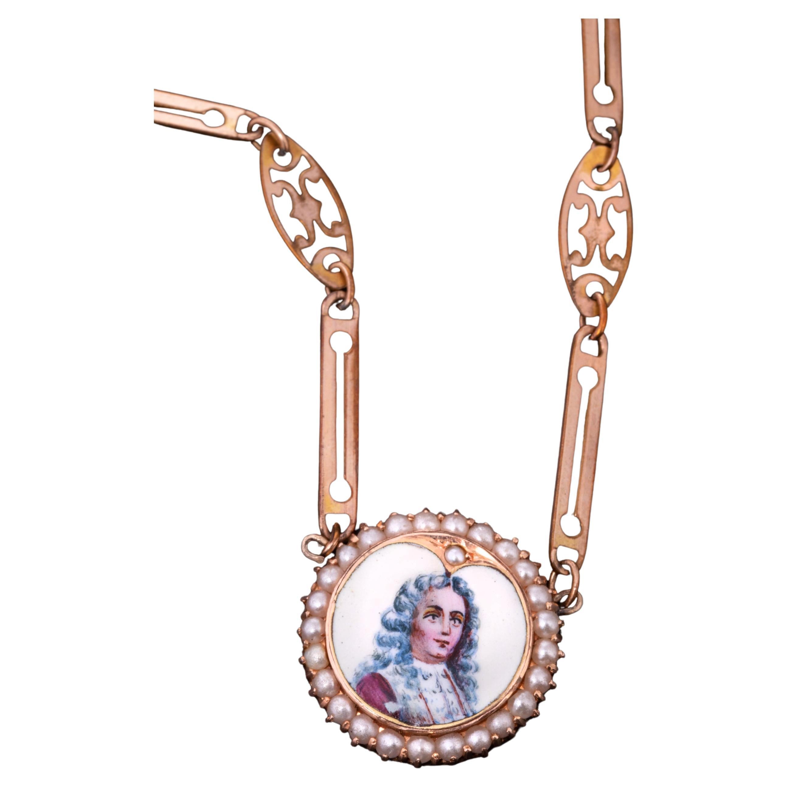 Antique Seed Pearl Gold Chain Necklace, Antique Gold Enamel Portrait Necklace