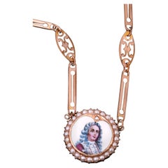 Antique Seed Pearl Gold Chain Necklace, Antique Gold Enamel Portrait Necklace