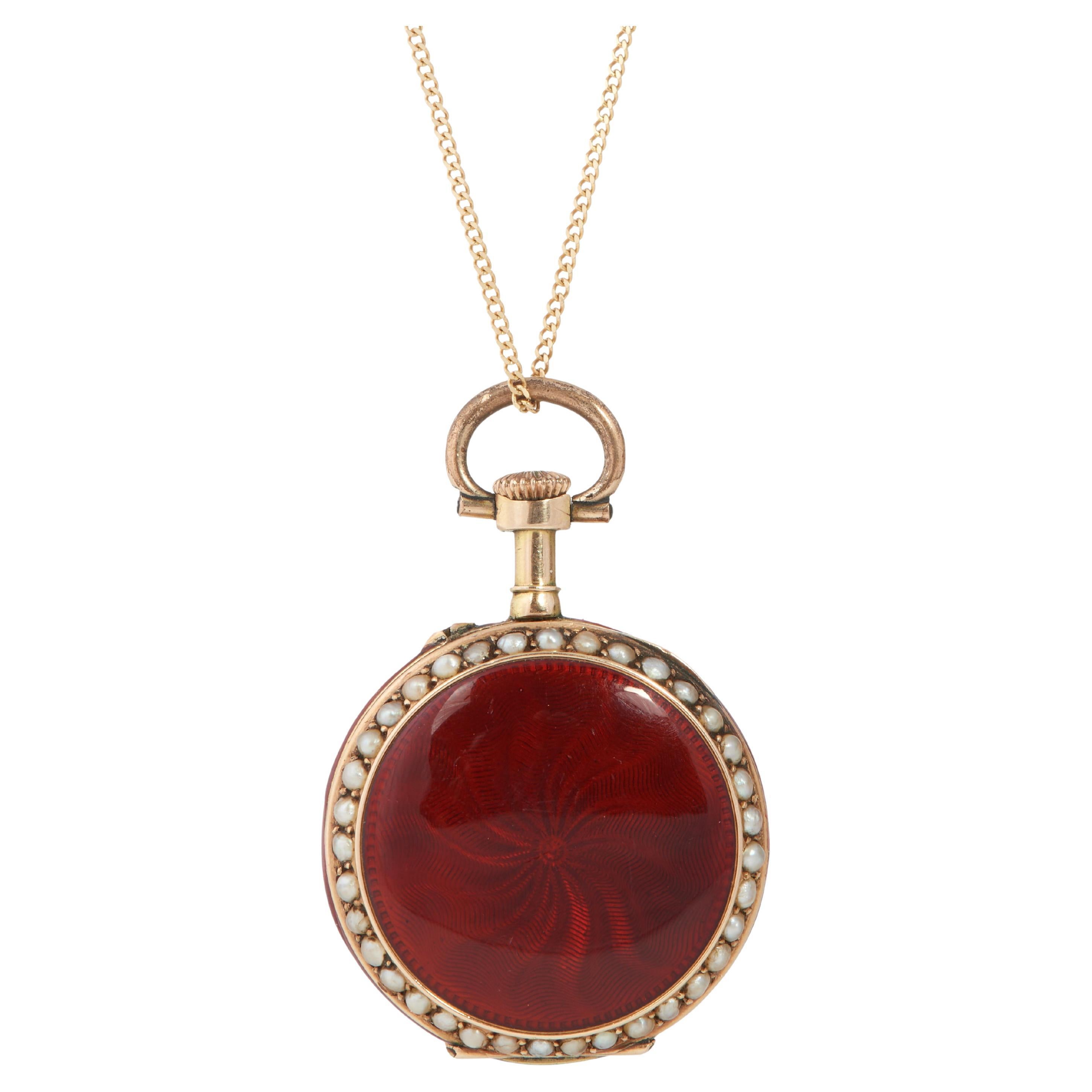 Antique Seed Pearl, Guilloché Enamel, and 18K Gold Pocket Watch Pendant/Brooch