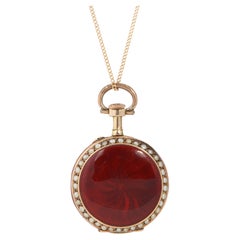 Antique Seed Pearl, Guilloché Enamel, and 18K Gold Pocket Watch Pendant/Brooch