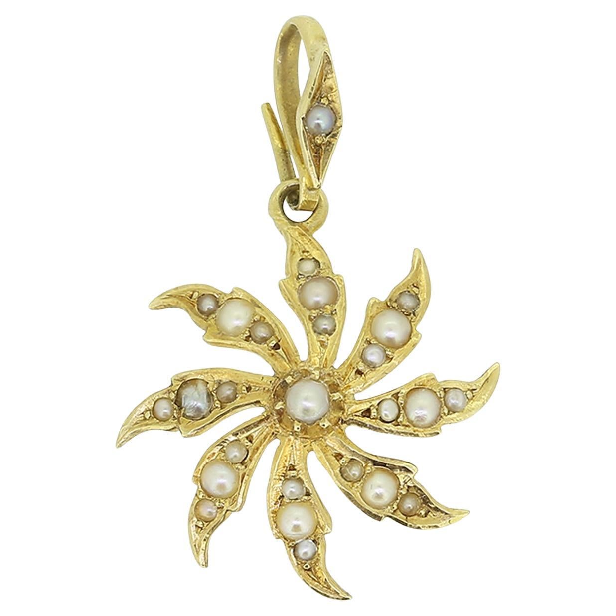 Antique Seed Pearl Sunflower Pendant For Sale