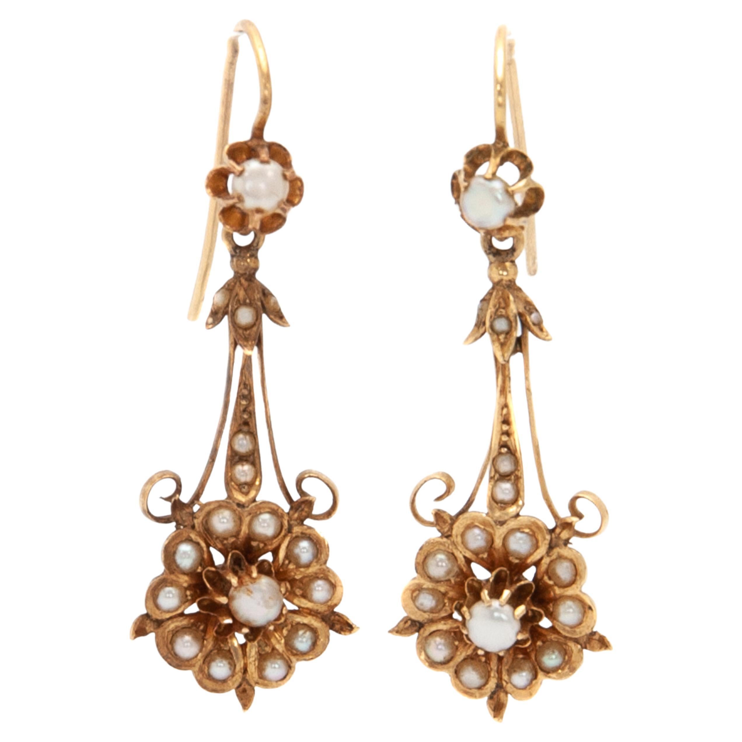 Antique 14K Gold Seed Pearl Floral Dangle Earrings  For Sale