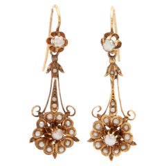 Antique Seed Pearls and 14K Gold Floral Dangle Earrings 