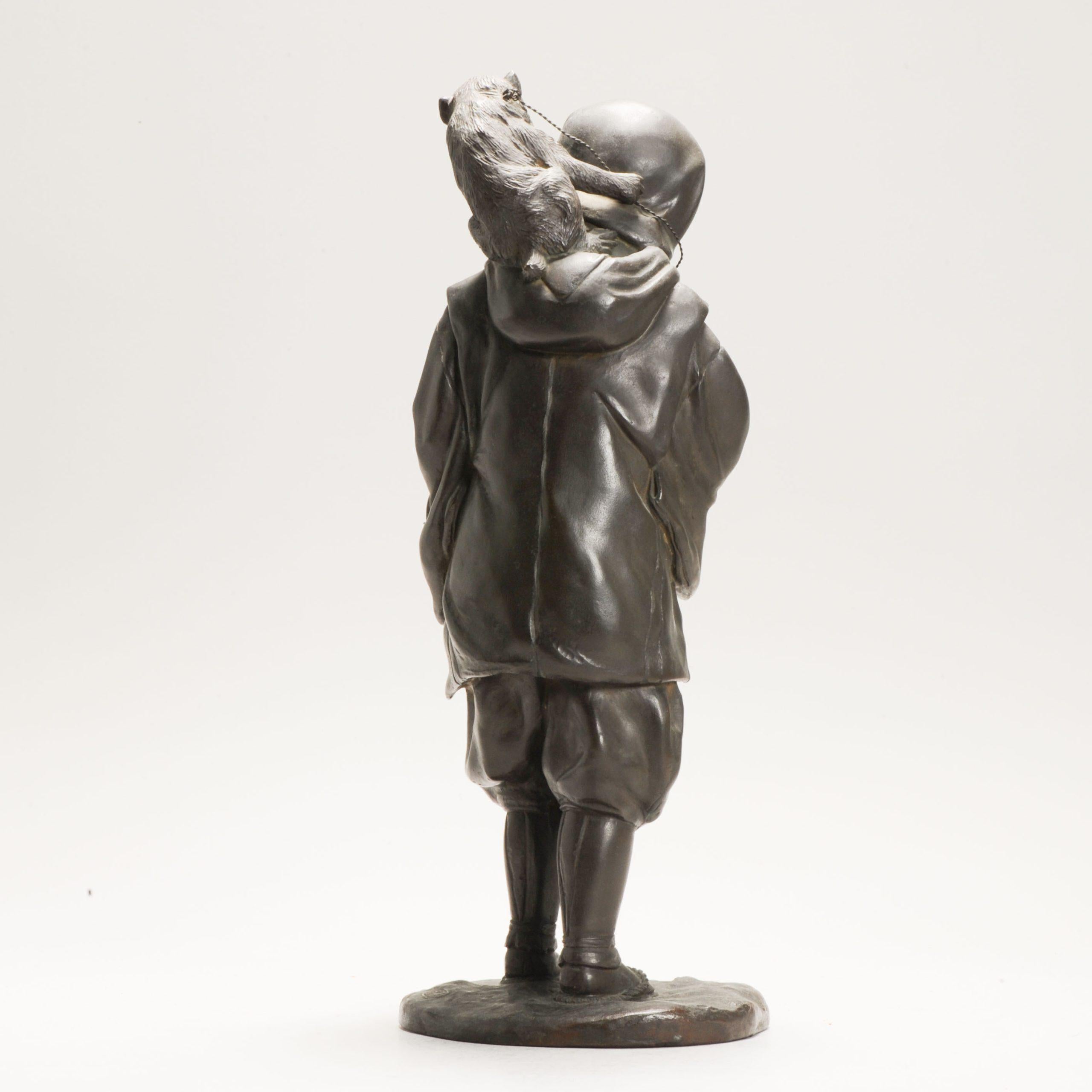 Antique Seiya-sei for Genryusai Seiya Bronze Man and Monkey Statue Japan Meij For Sale 6