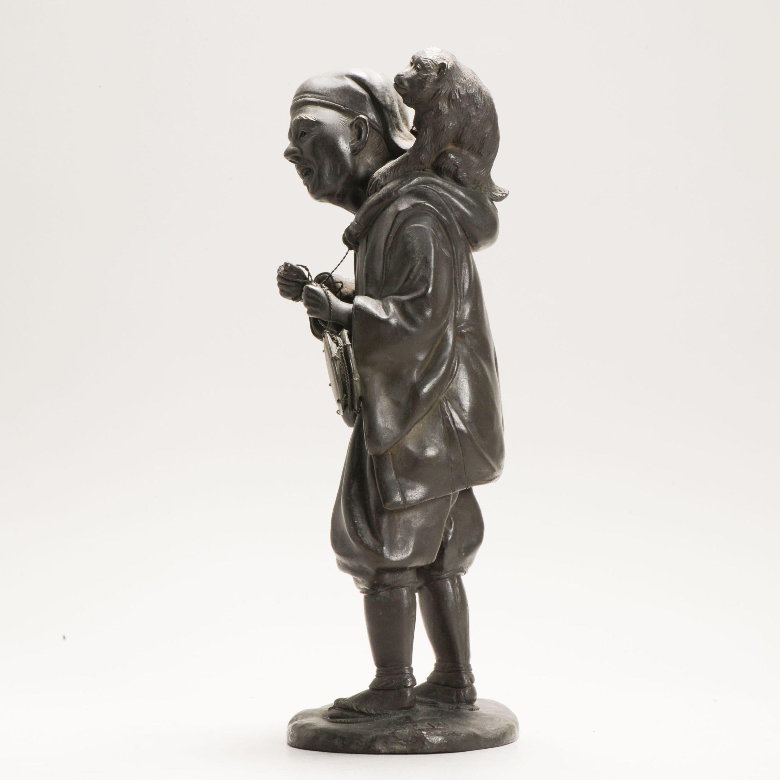 Antique Seiya-sei for Genryusai Seiya Bronze Man and Monkey Statue Japan Meij For Sale 7