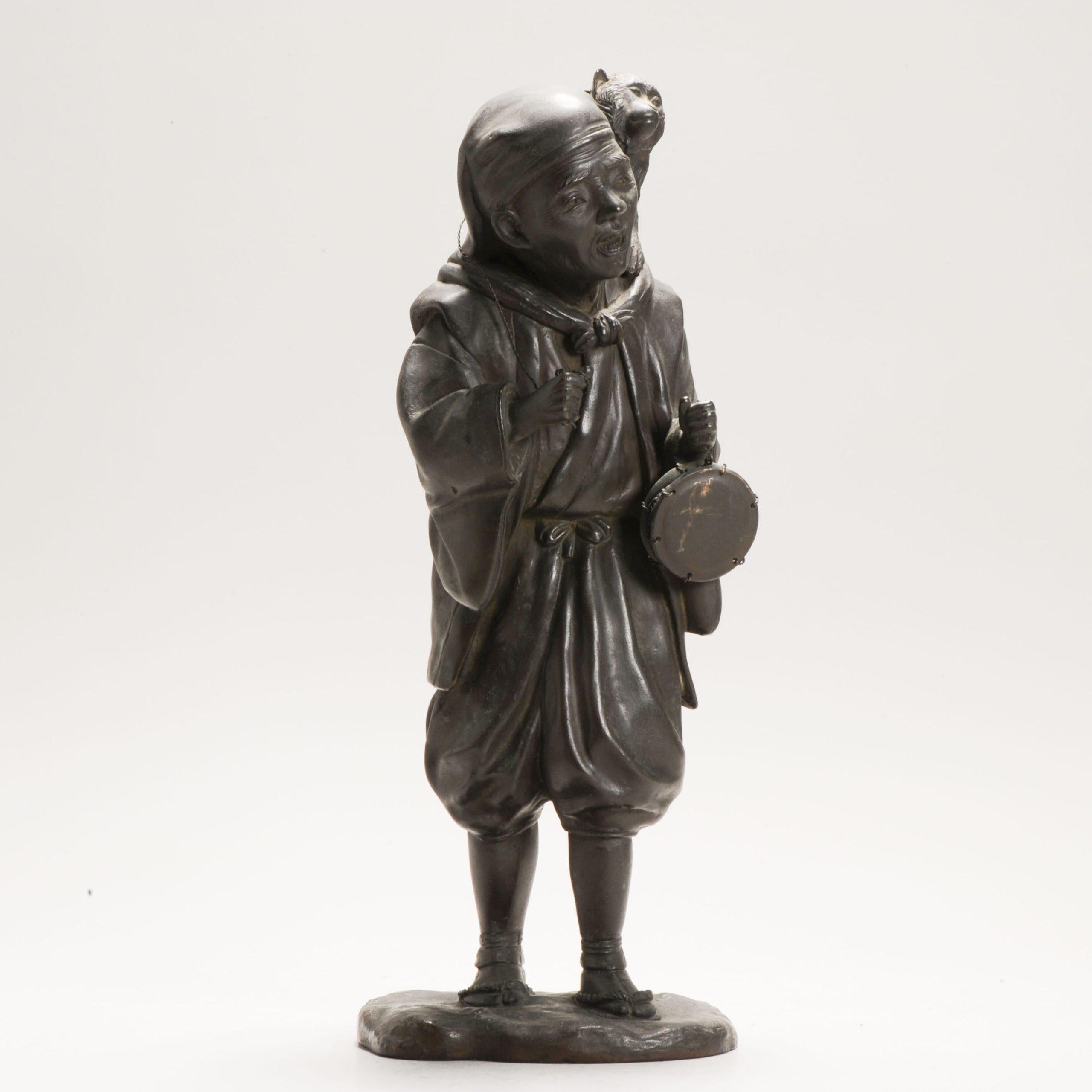Antique Seiya-sei for Genryusai Seiya Bronze Man and Monkey Statue Japan Meij For Sale 9