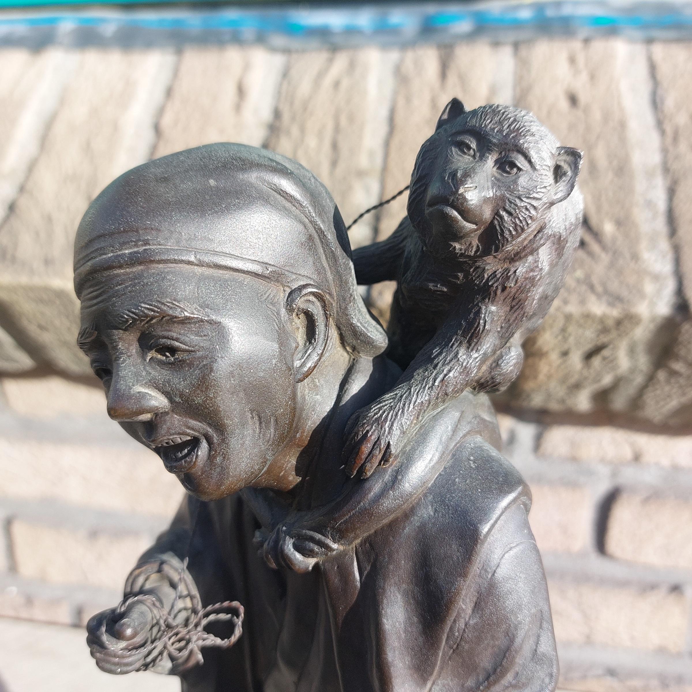 Antique Seiya-sei for Genryusai Seiya Bronze Man and Monkey Statue Japan Meij For Sale 11
