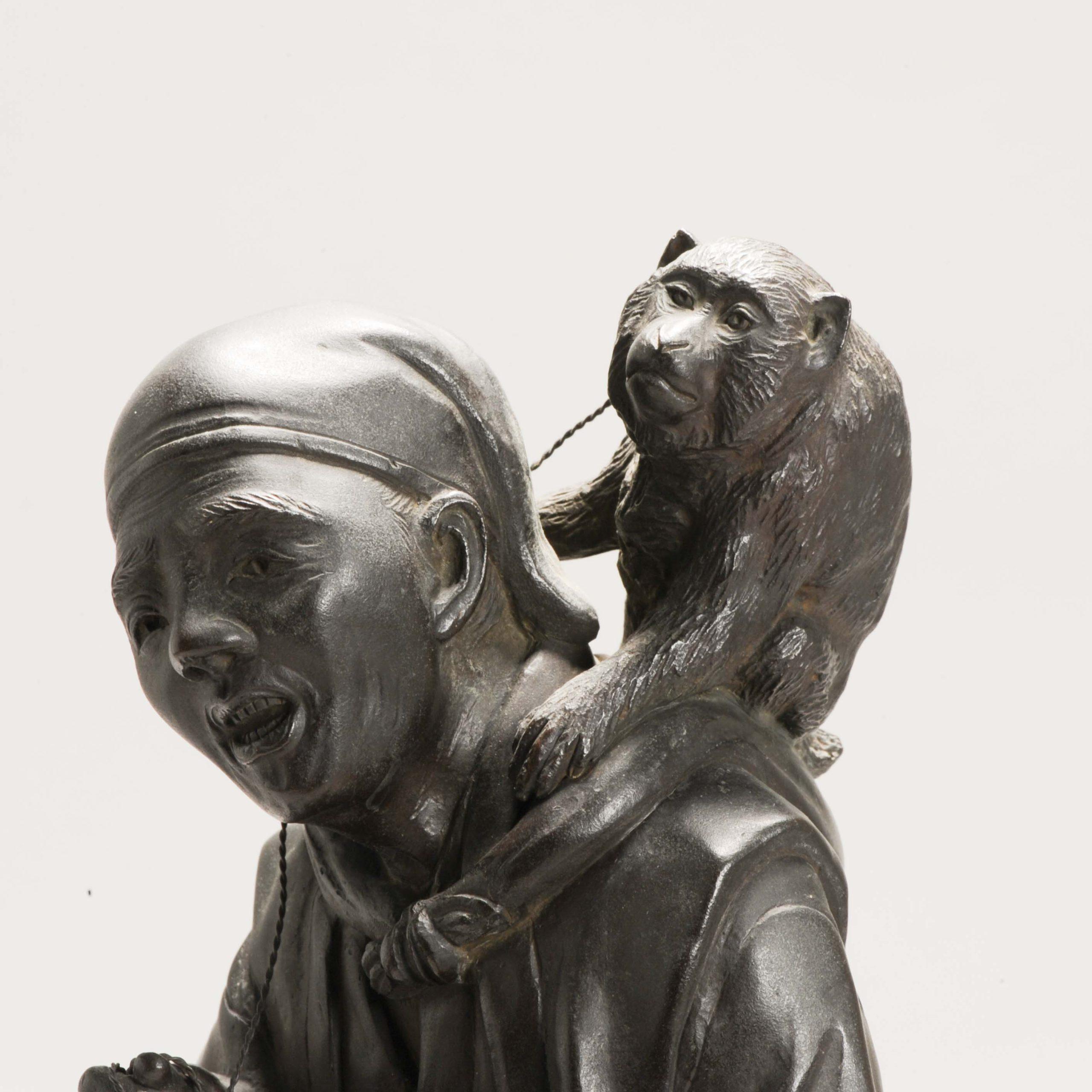 Antique Seiya-sei for Genryusai Seiya Bronze Man and Monkey Statue Japan Meij For Sale 12