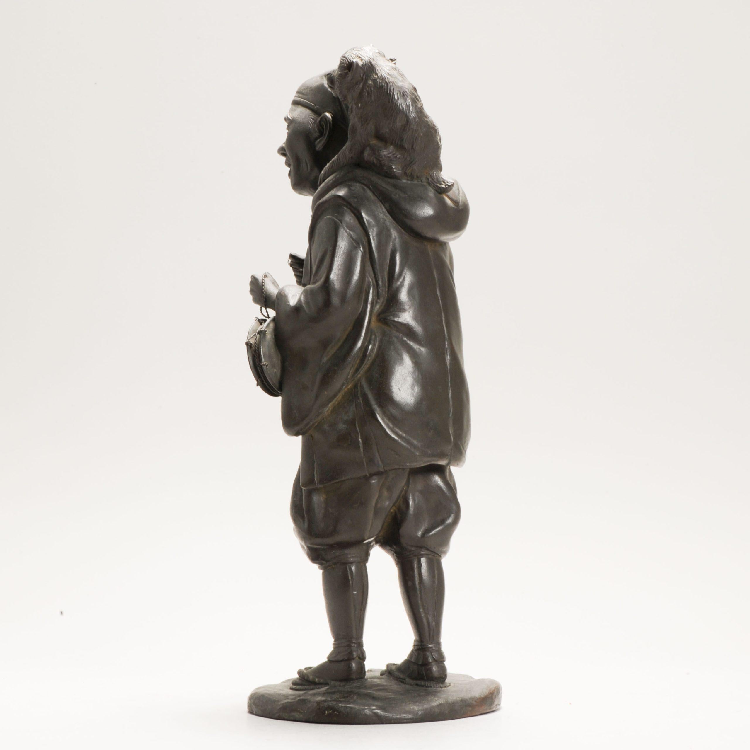 19th Century Antique Seiya-sei for Genryusai Seiya Bronze Man and Monkey Statue Japan Meij For Sale
