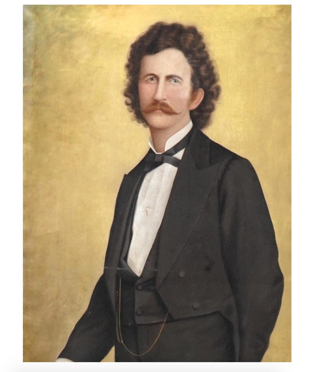 Oil on canvas painting by Warren Cushman, 1845 to 1926, an American artist based in Ohio. The artwork depicts a full-length portrait of a man in a three-piece suit. Handwritten inscription on the backside: This portrait represents me about 30 years