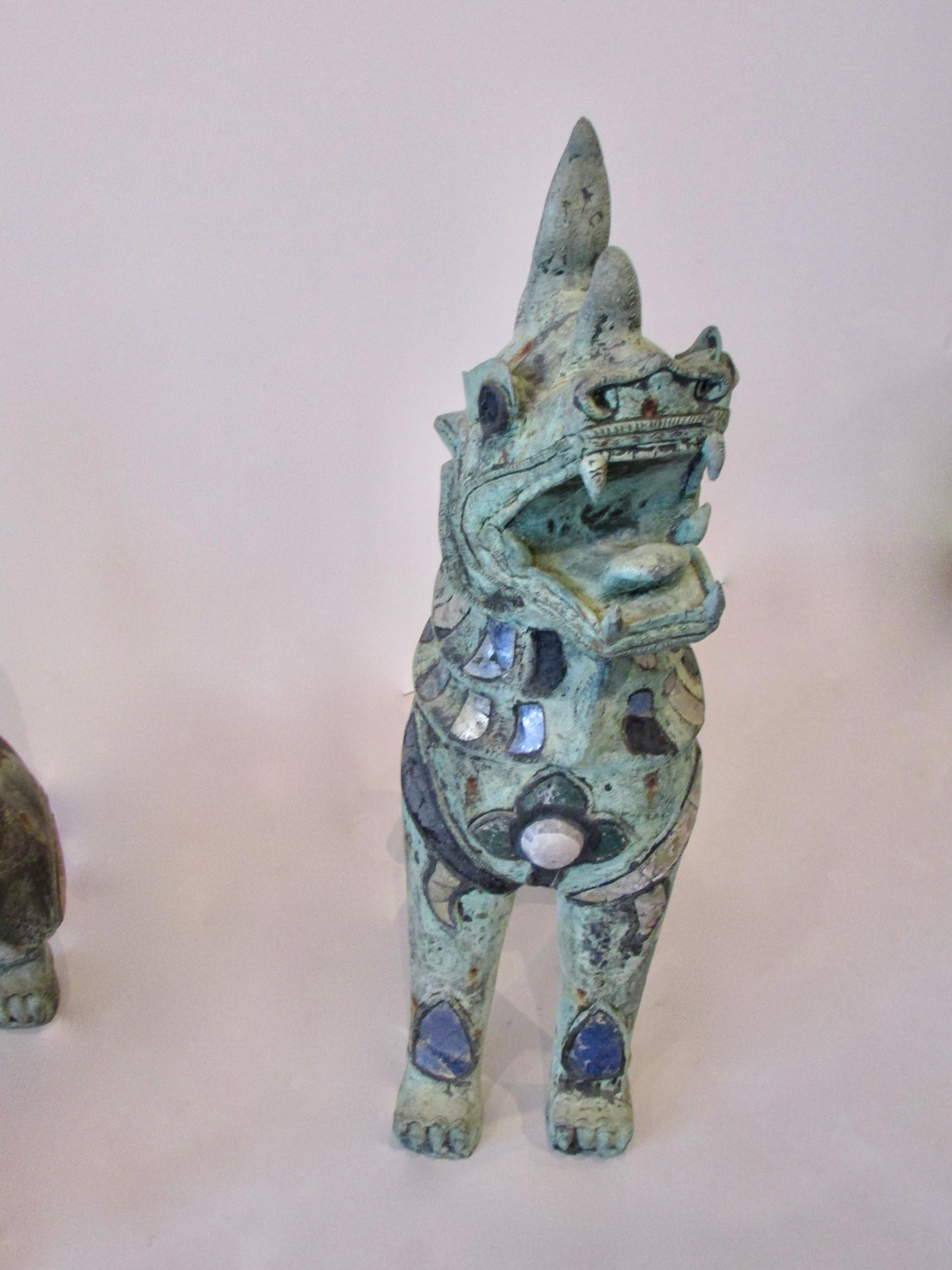 Antique Semi Precious Stone Decorated Ferocious Bronze Temple Guardian Foo Lions 5
