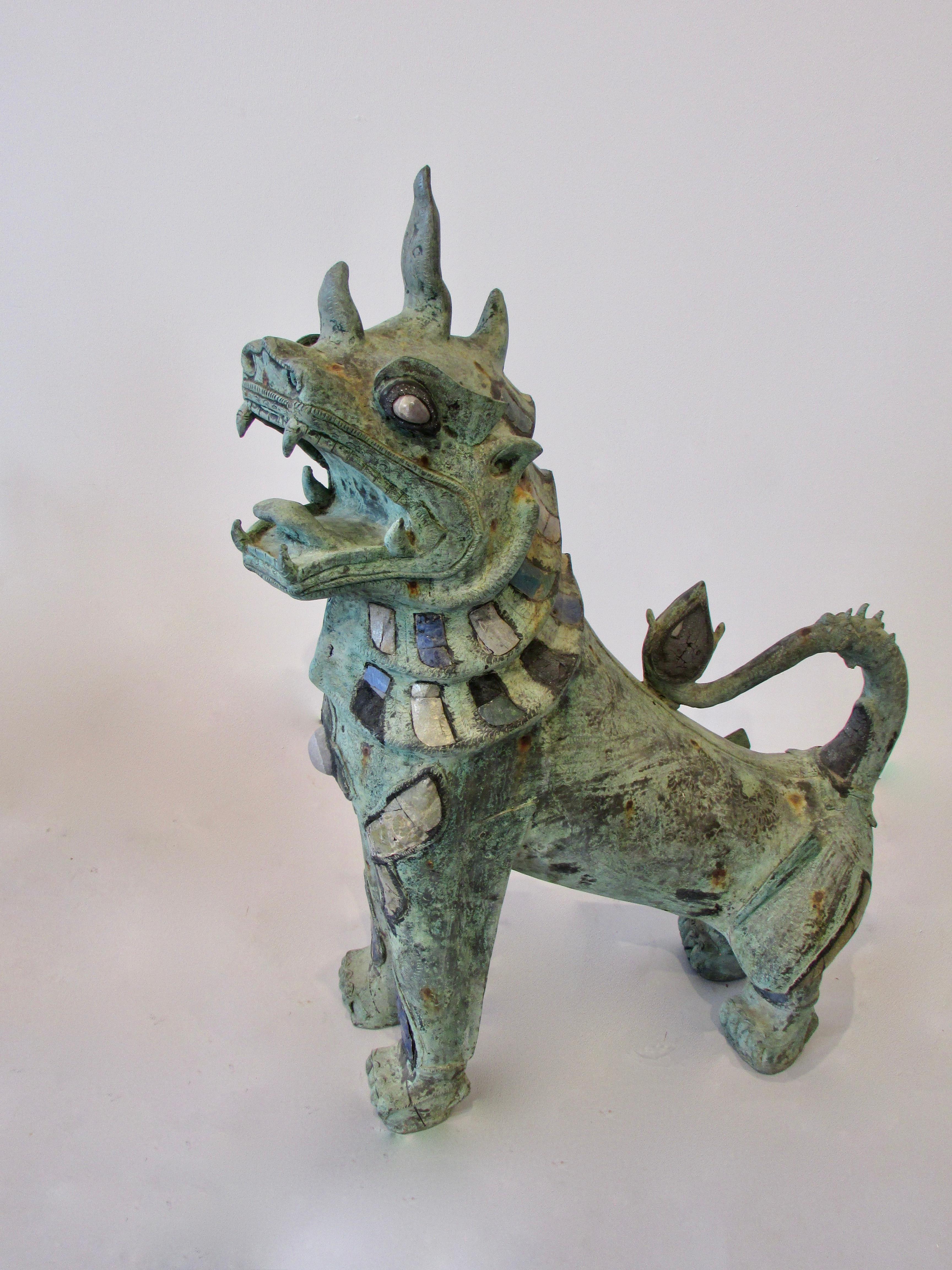 Antique Semi Precious Stone Decorated Ferocious Bronze Temple Guardian Foo Lions 6