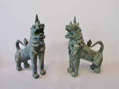 Antique Semi Precious Stone Decorated Ferocious Bronze Temple Guardian Foo Lions