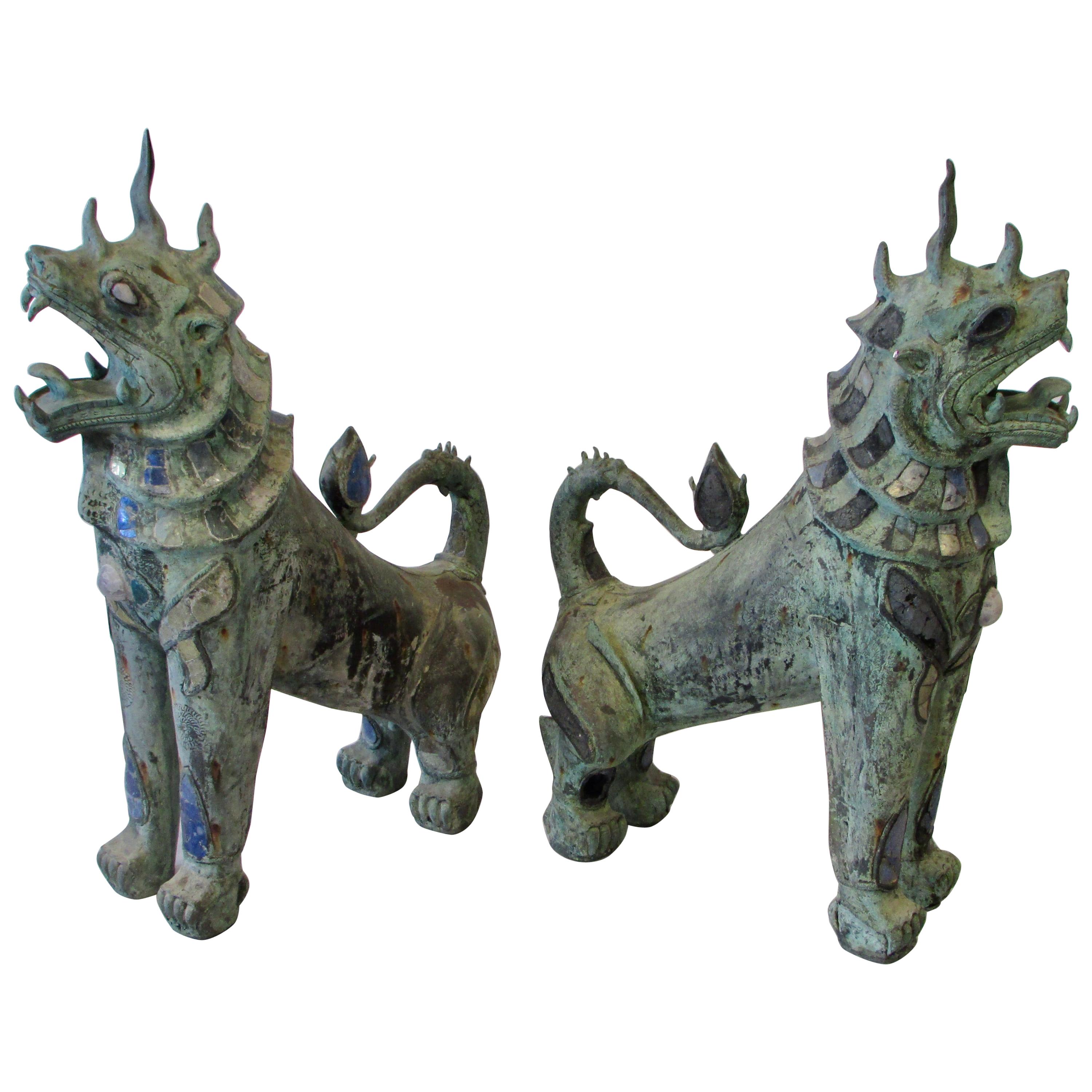 Antique Semi Precious Stone Decorated Ferocious Bronze Temple Guardian Foo Lions